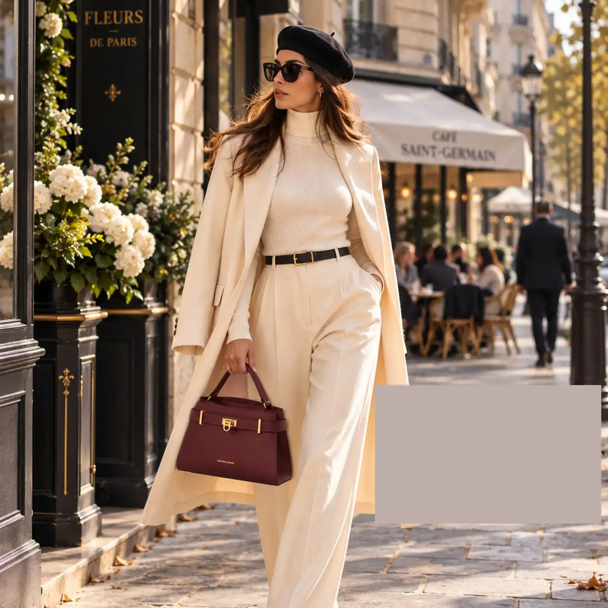 Woman in a cream coat and trousers walking along a Paris street carrying a Bordeaux Italian leather handbag.