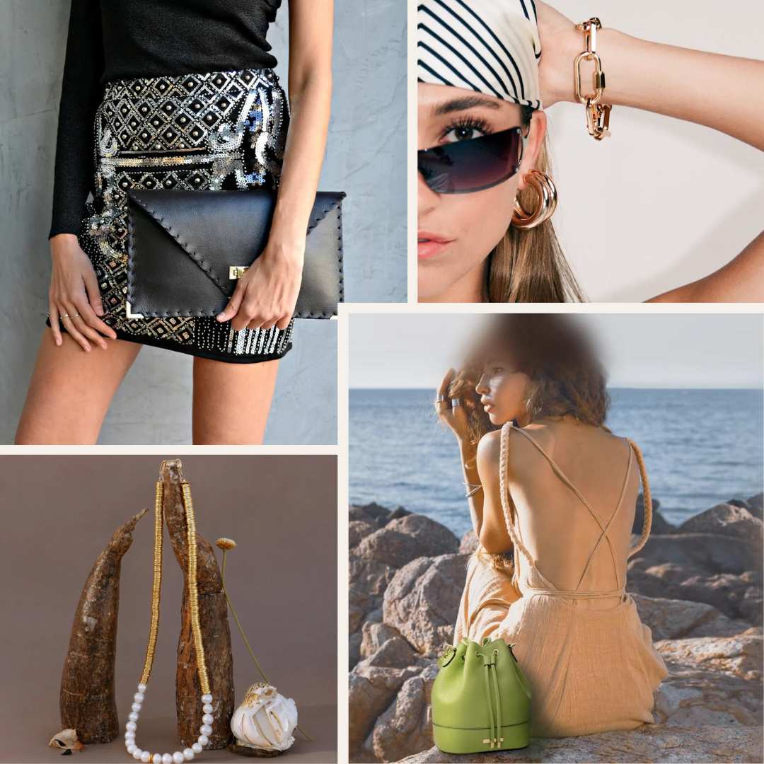 A collage of four products: black leather envelope purse, gold and pearl necklace, gold chunky chain link bracelet and an Italian green bucket styled bag