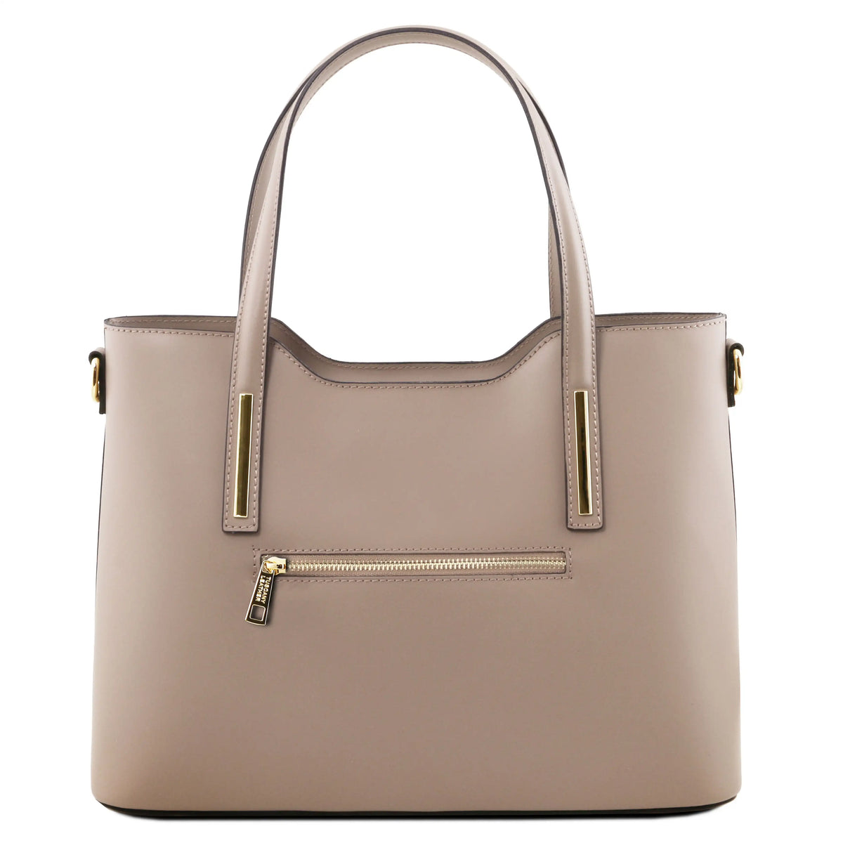 A structured tote bag in a light taupe-color with gold-tone hardware, featuring dual top handles, a front zippered pocket, and side ring details, shown against a plain white background.