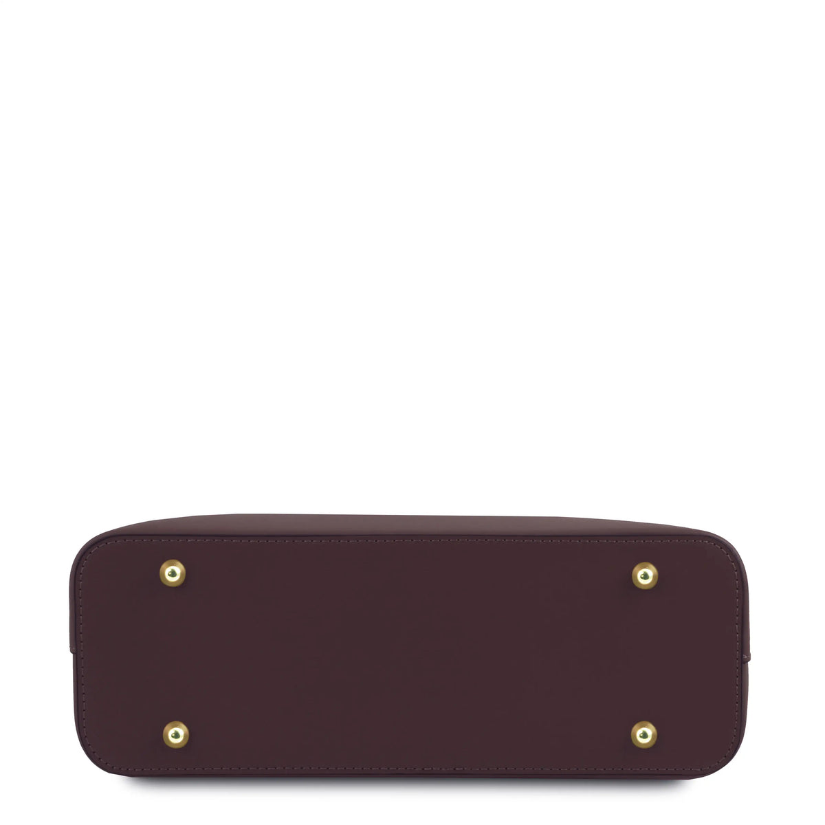 Bottom View Olimpia Leather Tote in dark chocolate showing four gold protective feet