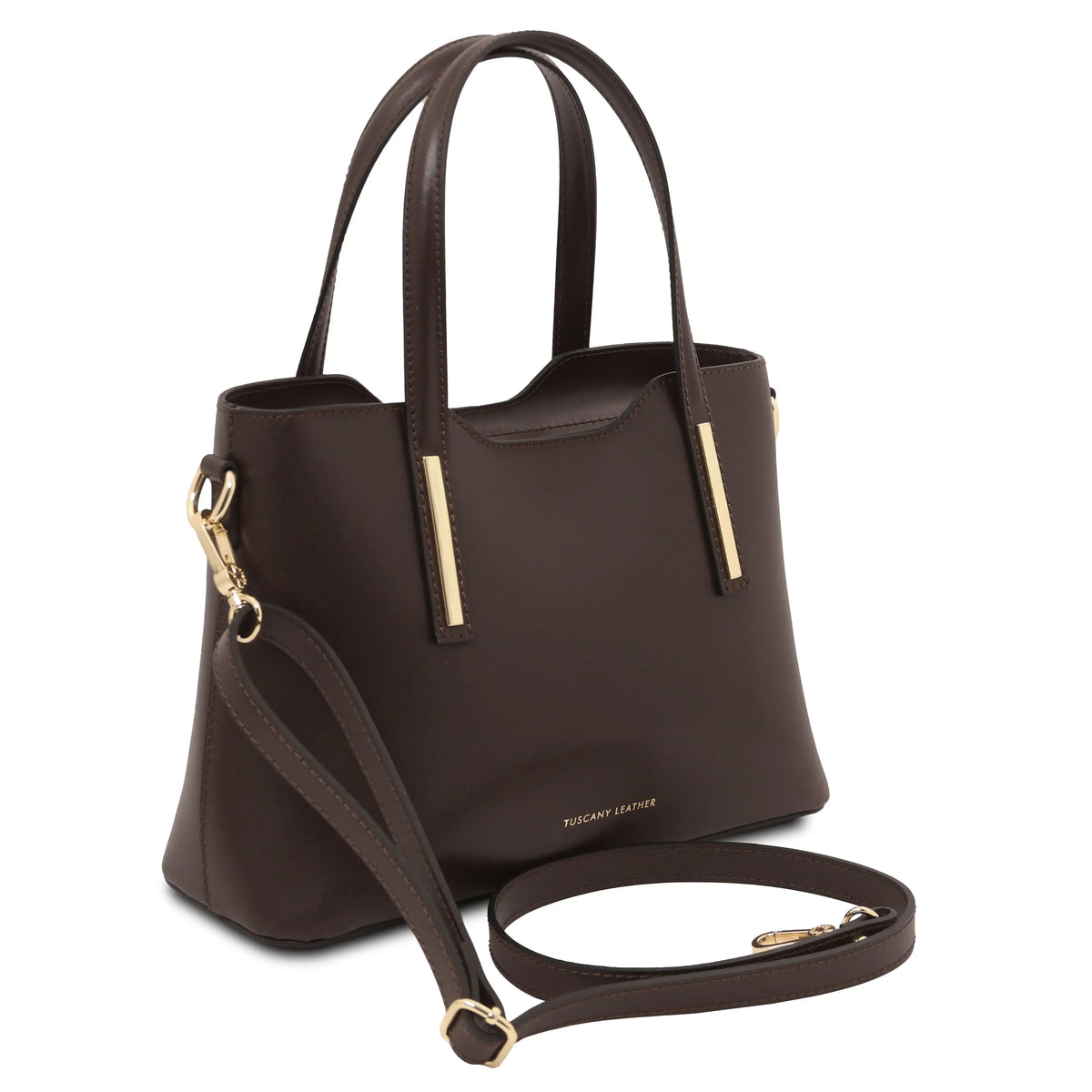Ad ark chocolate leather handbag with double top handles and a detachable shoulder strap, featuring gold-tone hardware set against a plain white background.