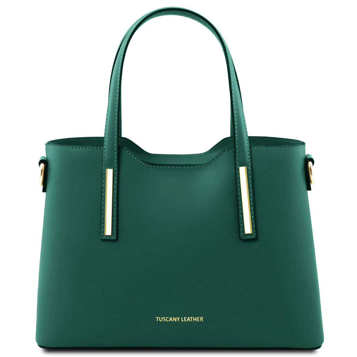 Front View Olimpia Leather Tote in Teal showing golden metal accents on handles