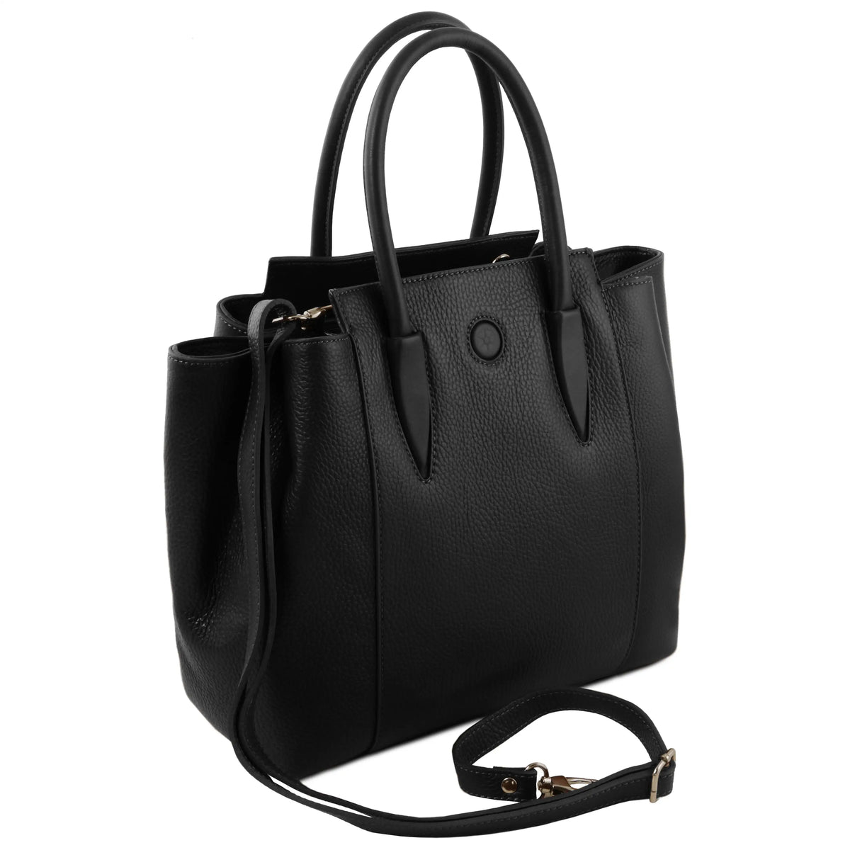 Black leather handbag with a shoulder strap on a white background