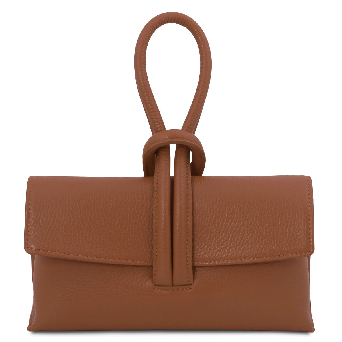 Front view cognac leather clutch with loop handle on a white background