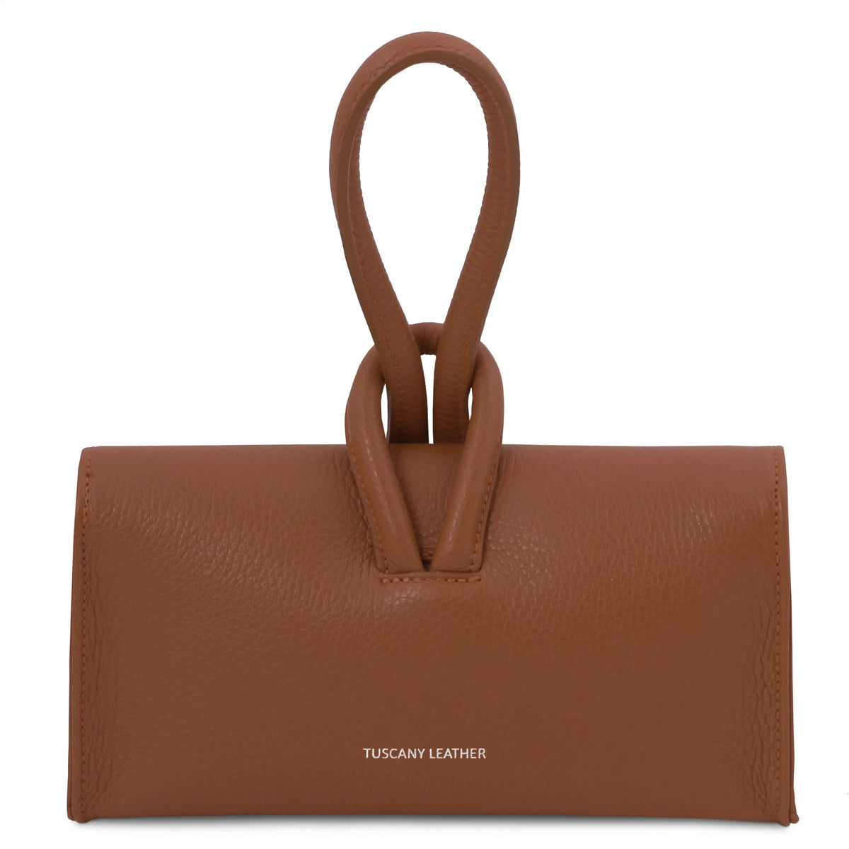 Back view cognac leather clutch with loop handle and Tuscany Leather branding on a white background