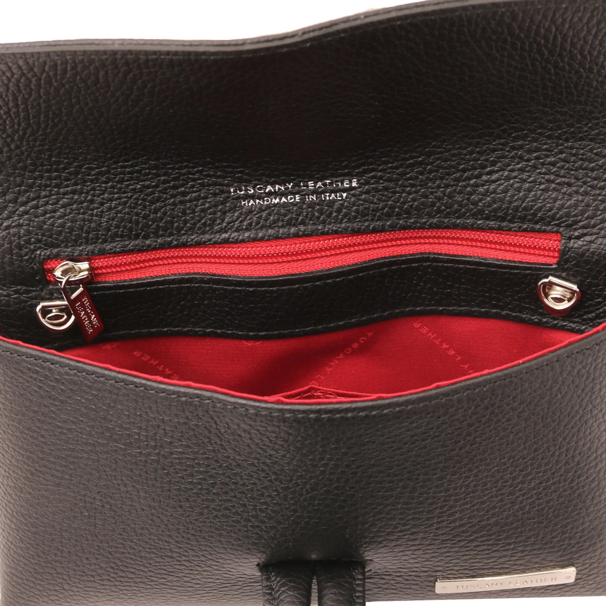 Interior zip pocket view TL Bag Leather lining, featuring 'Tuscany Leather' branding.