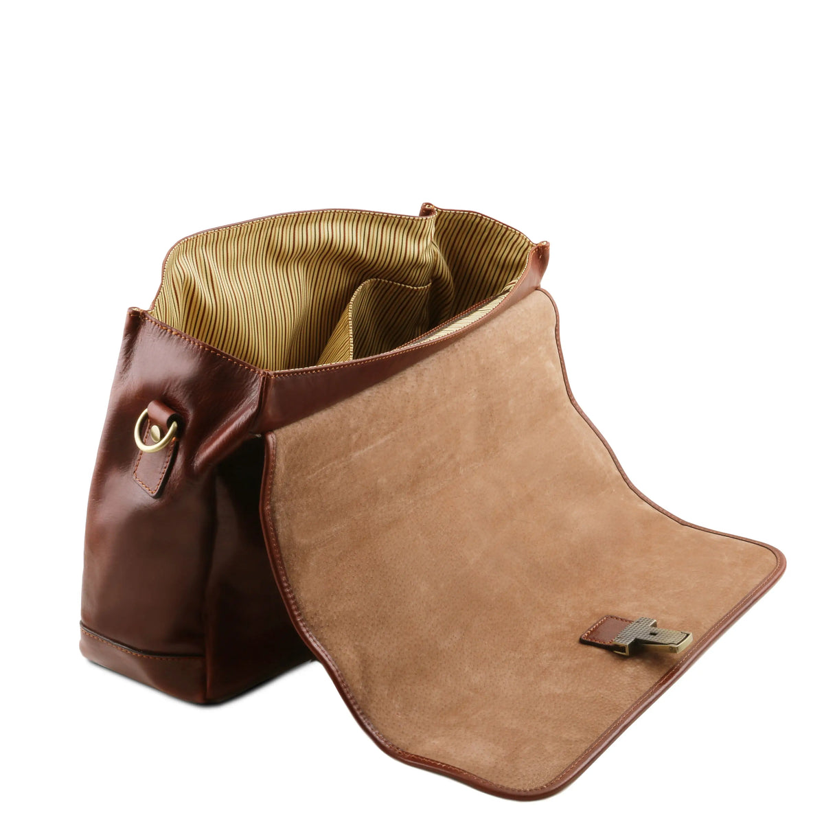 Mantoya brown briefcase with flap cover opened showing beige pinstripe interior lining with gold interior