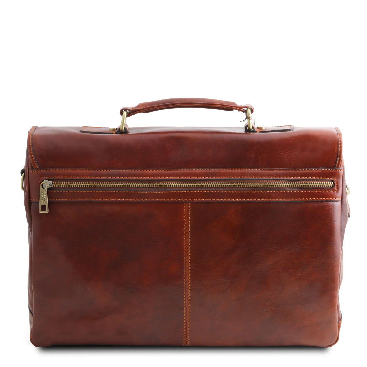 Back view Mantoya brown leather briefcase with gold zipper on a white background