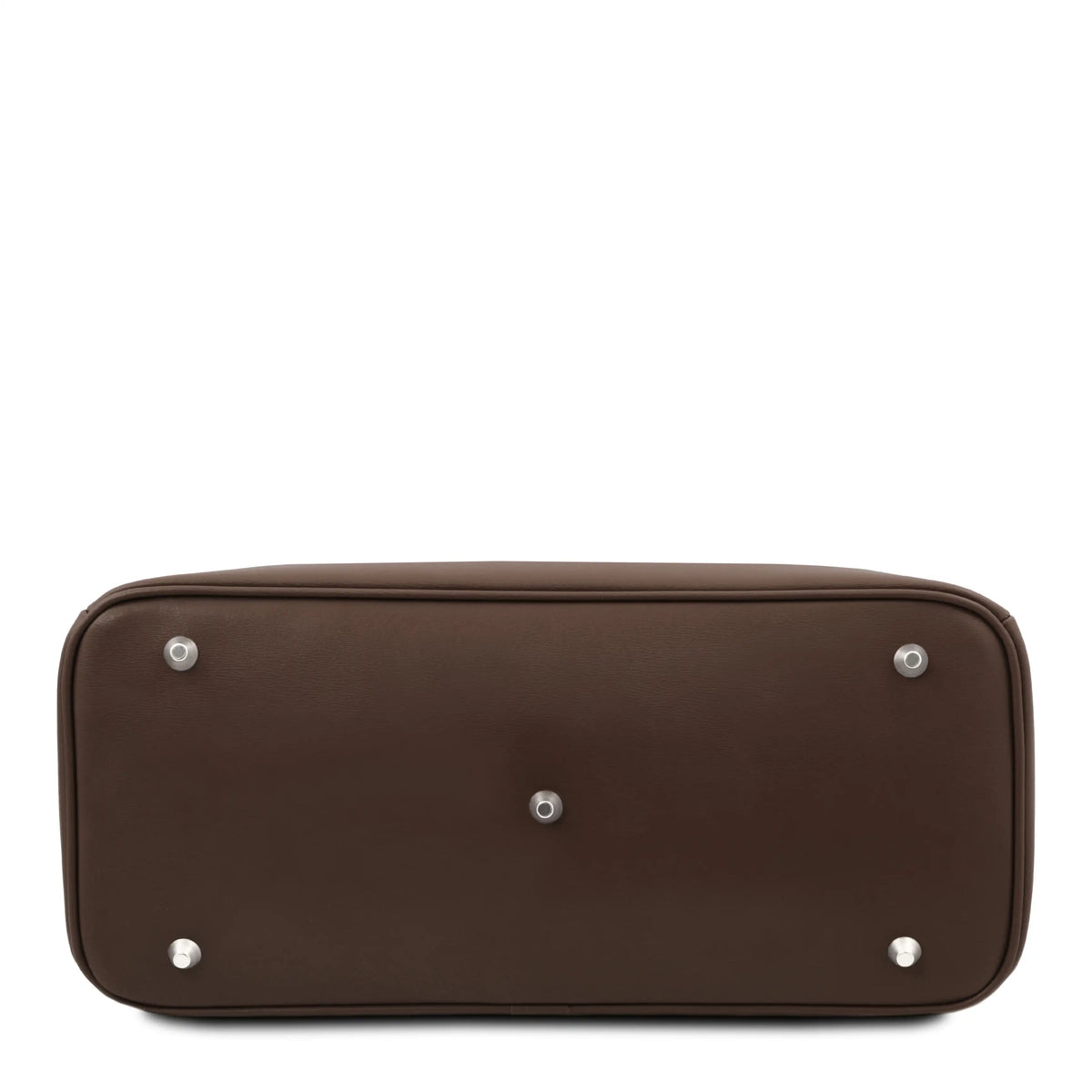 The bottom view of a chocolate leather bag, showing the base with four silver metal studs and a central screw, on a plain white background.