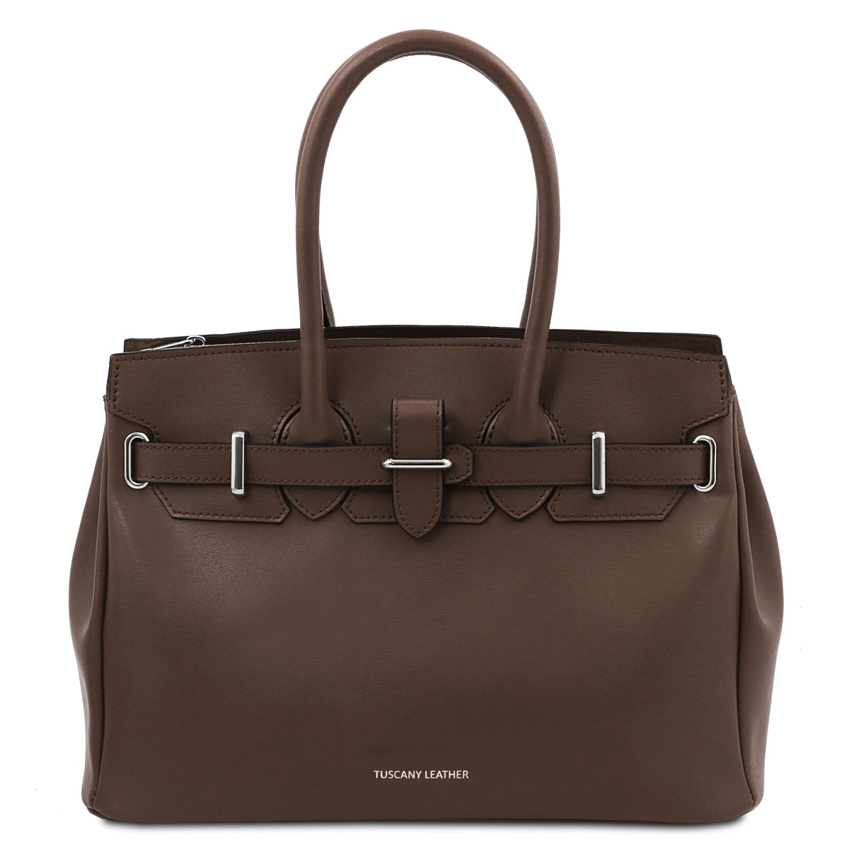 Chocolate leather handbag with silver- tone hardware on a white background