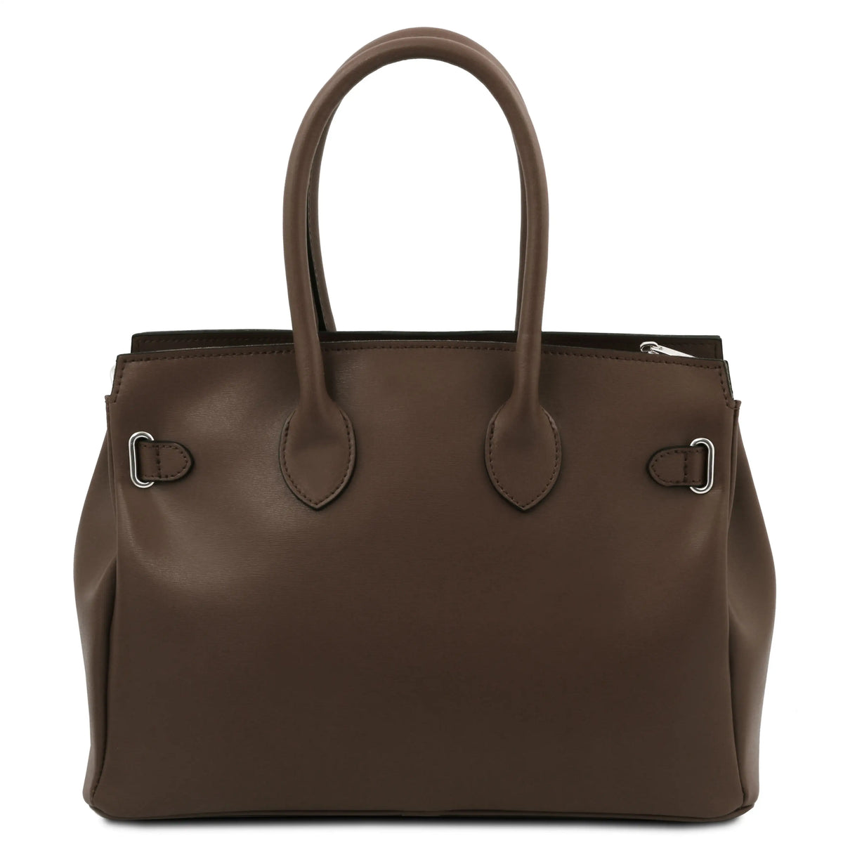 Back view of a chocolate leather handbag with double top handles, silver-tone metal hardware, and a zippered top closure, shown against a plain white background.