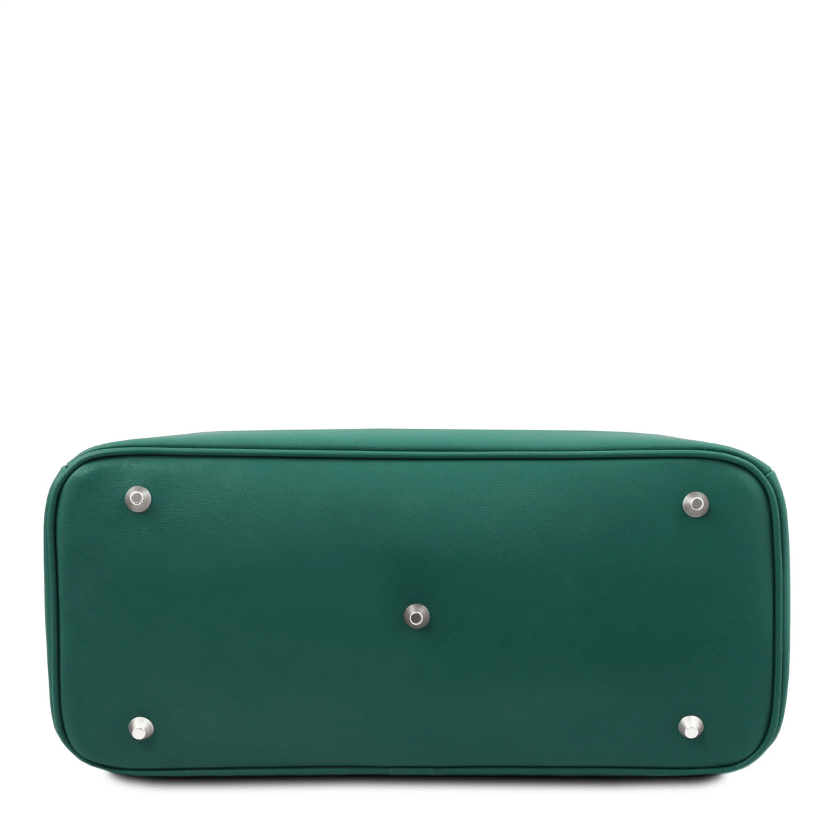 The bottom base of a teal leather bag, featuring four silver metal studs and a central silver rivet, photographed against a solid white background.