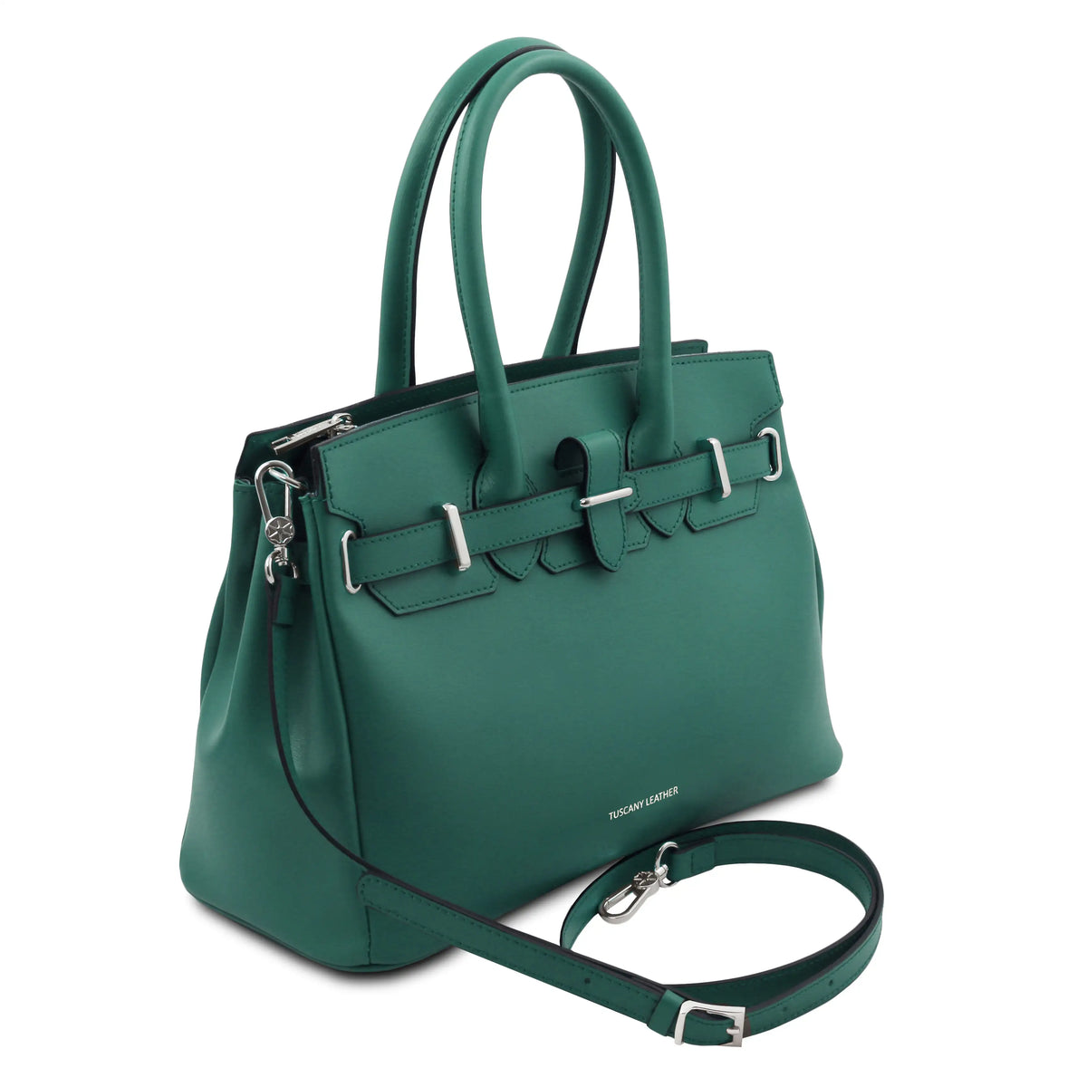 A teal leather handbag with double top handles, a front strap detail, and a detachable shoulder strap, shown on a plain white background.