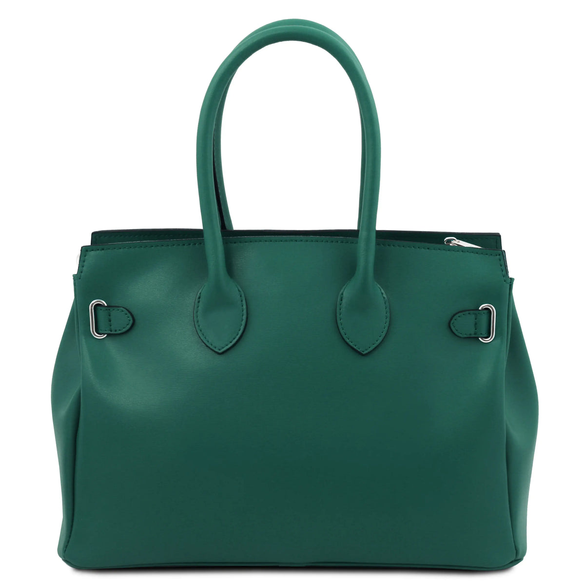 Back view structured teal leather handbag with double top handles, silver-tone hardware, and a zip-top closure, shown against a plain white background.