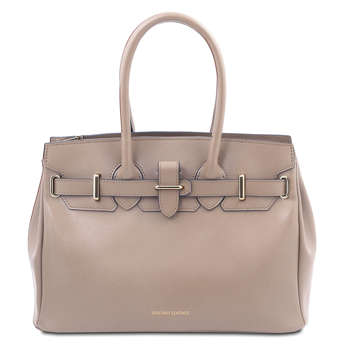 A structured taupe leather handbag with double top handles, a decorative strap detail across the front, and gold-tone hardware, shown against a plain white background.