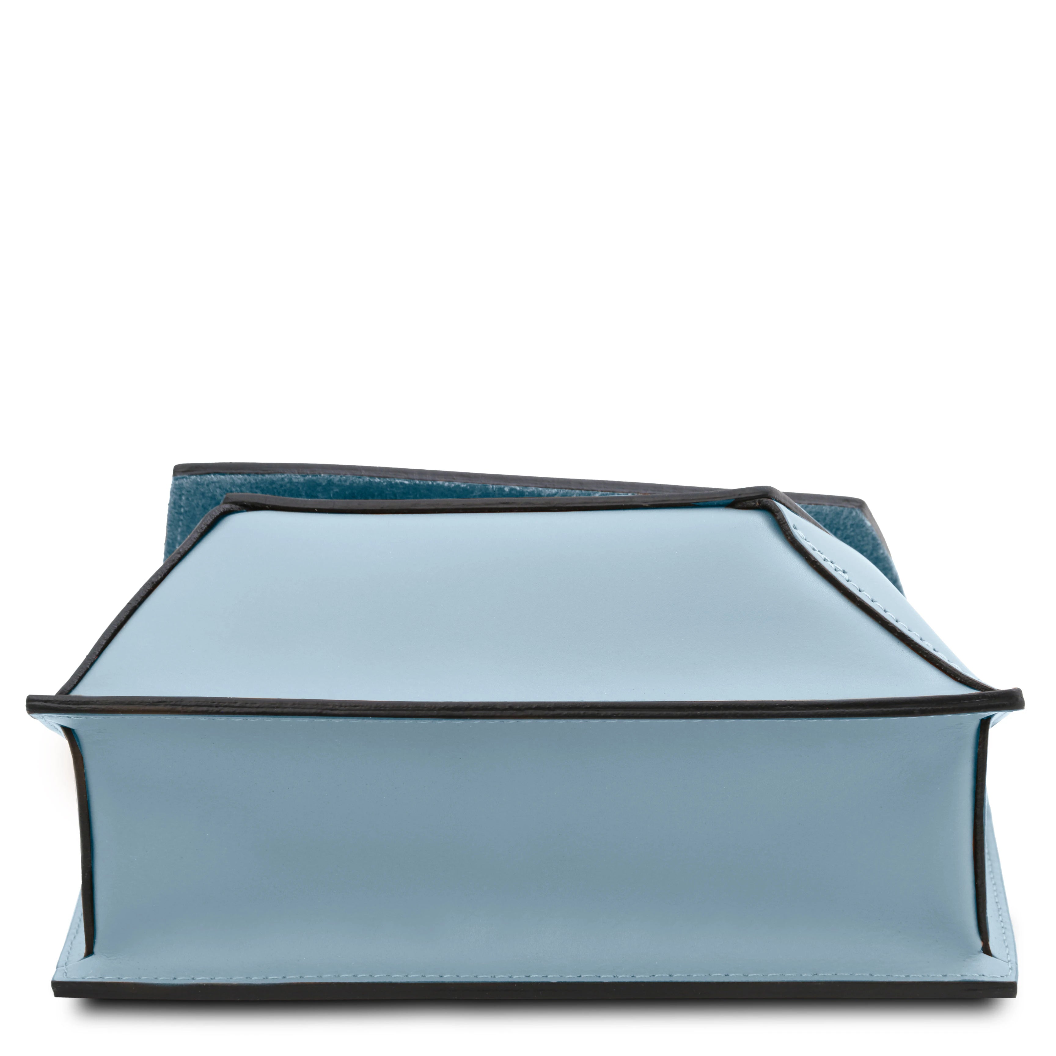 Bottom view TL Leather Assymetrical Shoulder Bag in Azure showing edged leather finish