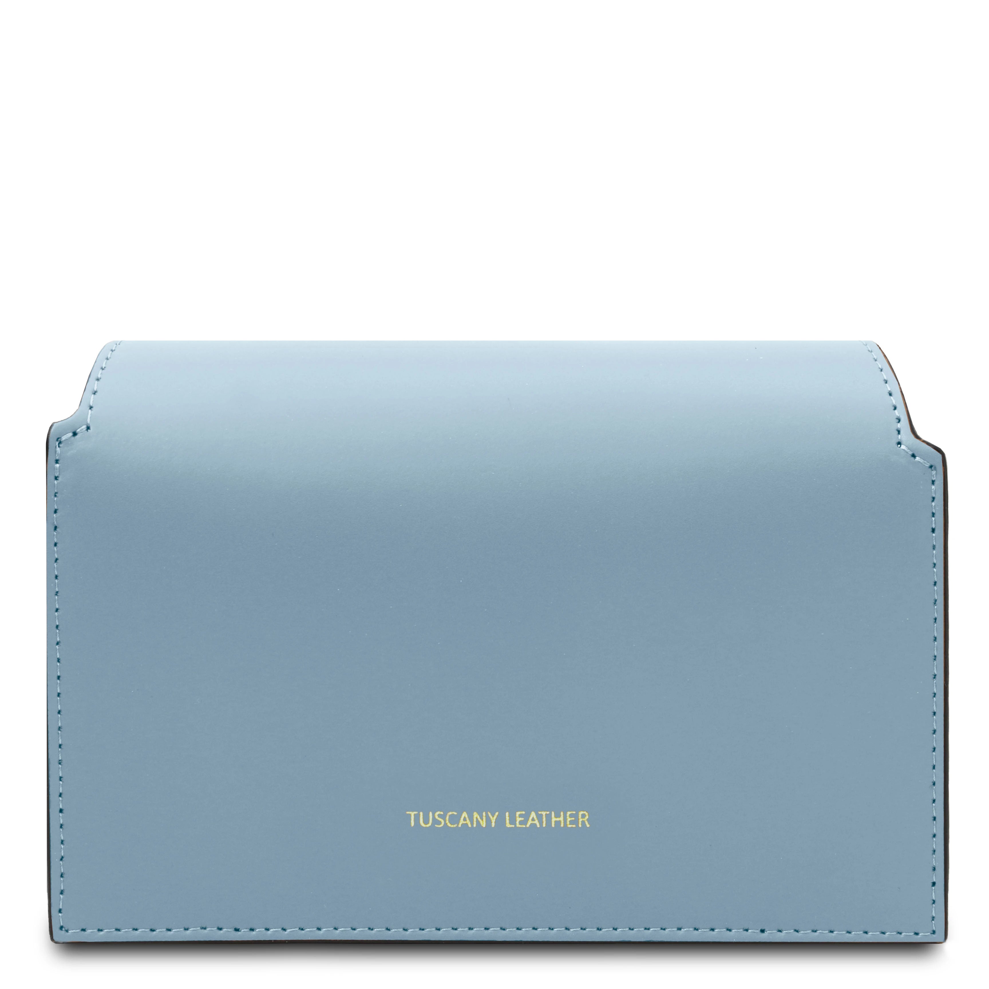 Back view TL Leather Assymetrical Shoulder Bag in Azure showing Tuscany Leather gold brandng