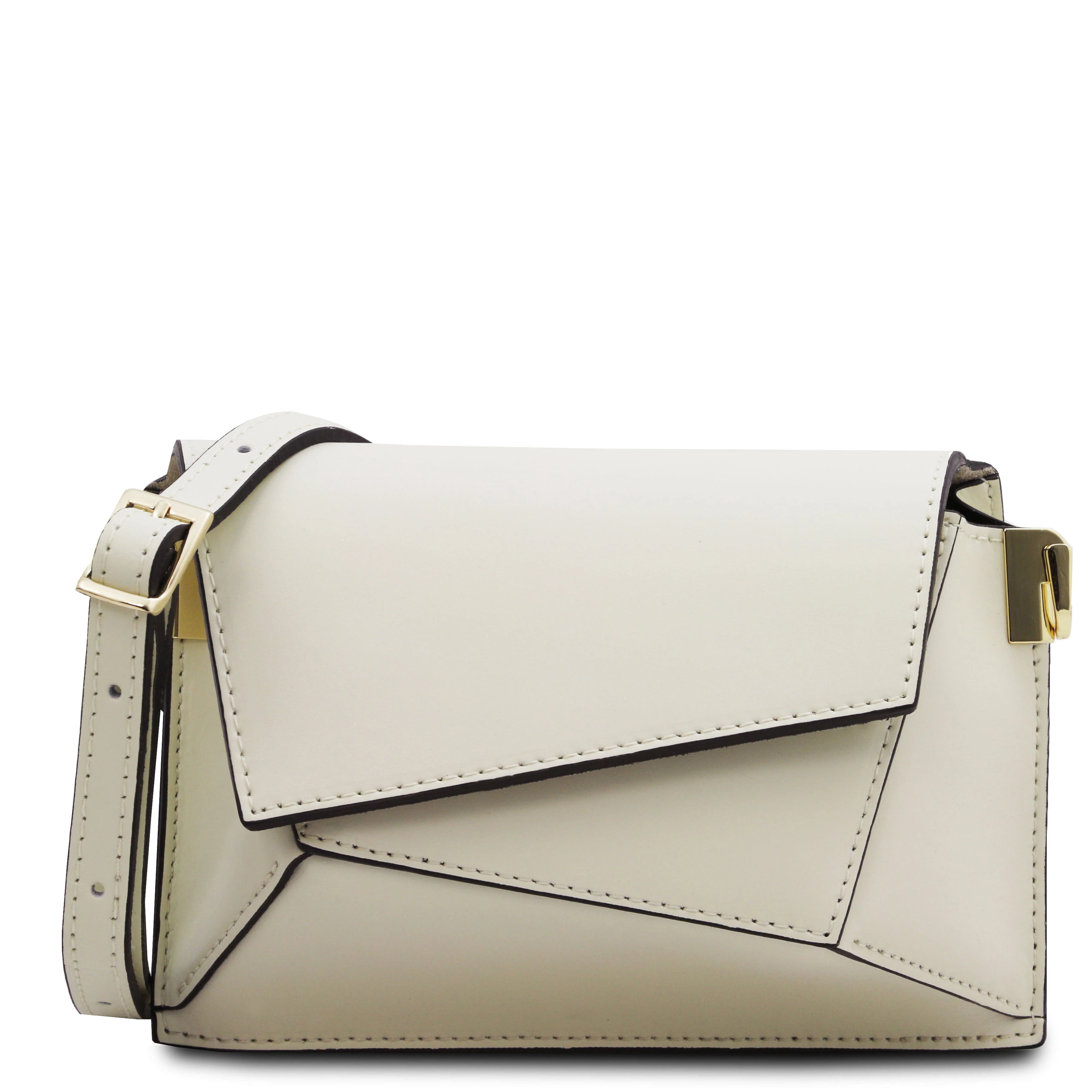 Front view TL Leather Assymetrical Shoulder Bag in Beige showing geometric stitching design and shoulder strap - L'Atelier Global