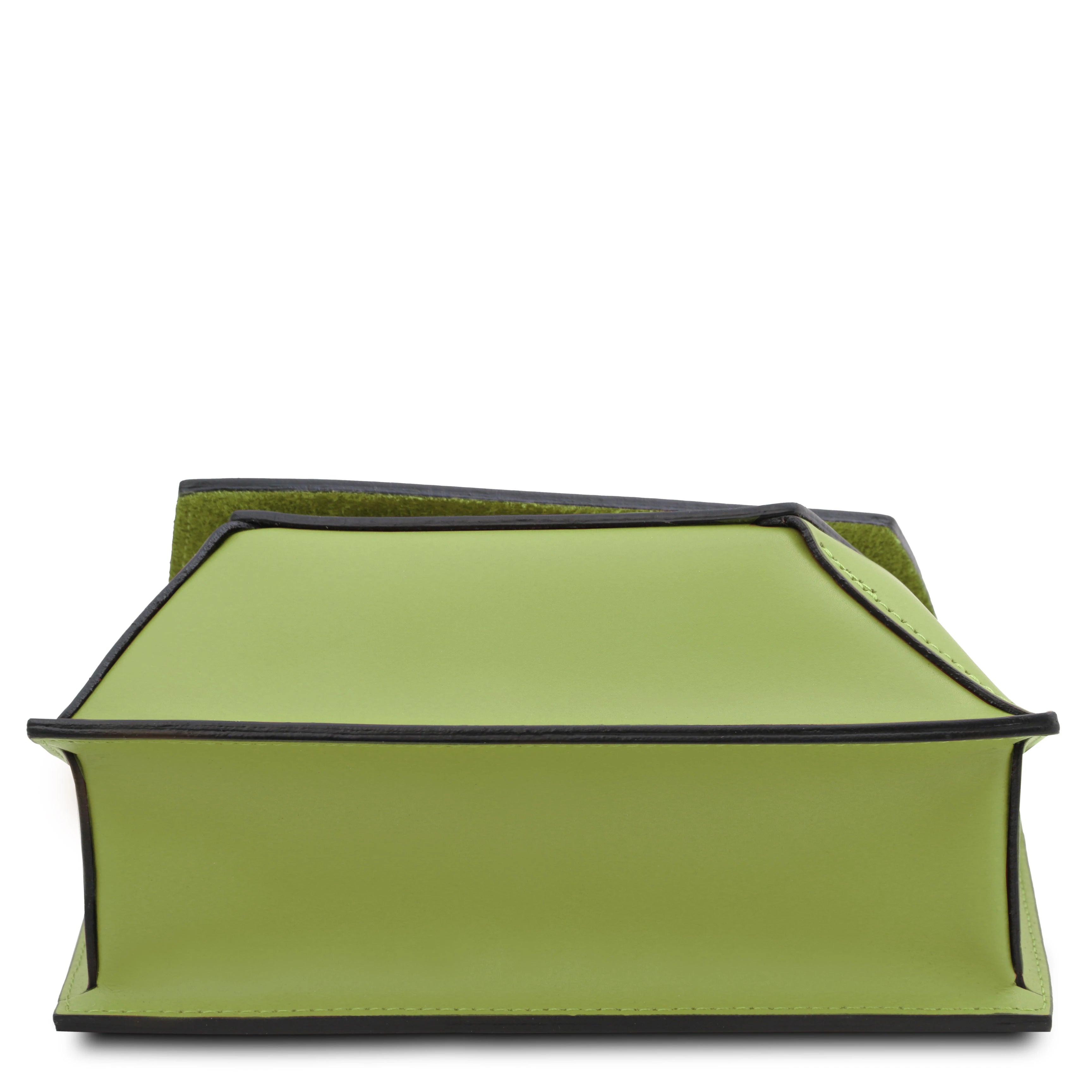 Bottom view TL Leather Assymetrical Shoulder Bag in Green showing edged leather finish
