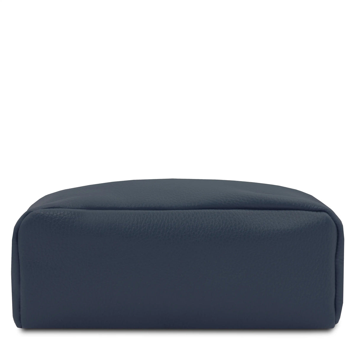 Bottom view dark blue pebbled leather backpack against a solid white background.