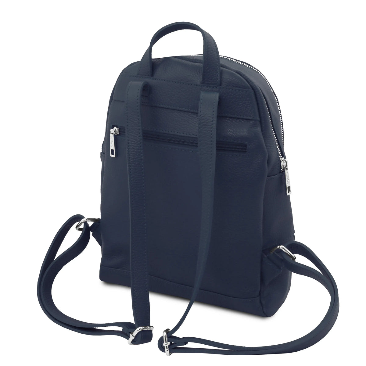 dark blue leather backpack shown from the back, featuring a top handle, a detachable shoulder strap, a zippered main compartment, and a zippered side pocket, set against a plain white background.