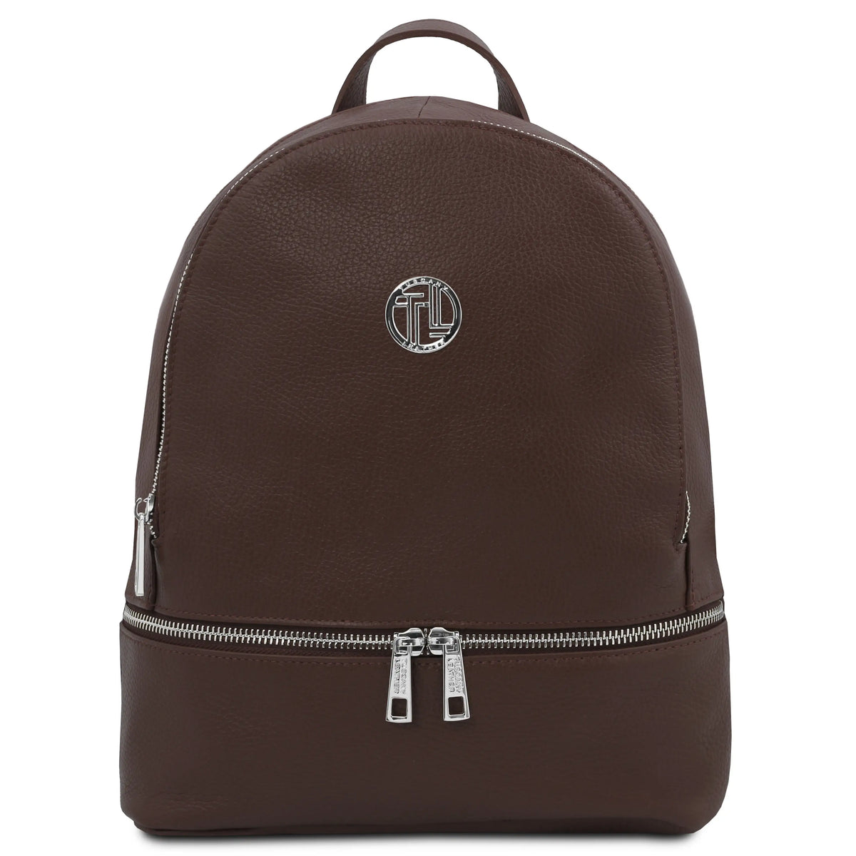 A dark brown pebbled leather backpack with a silver-tone circular metal logo on the front and dual silver zipper pulls, shown against a plain white background.