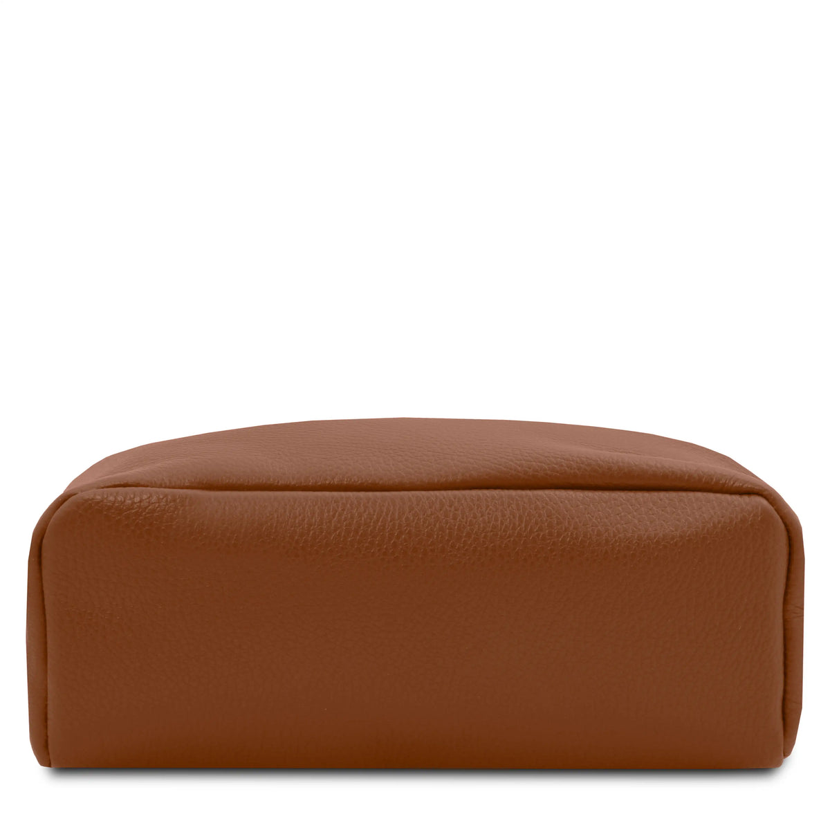 Bottom view cognac pebbled leather backpack against a solid white background.