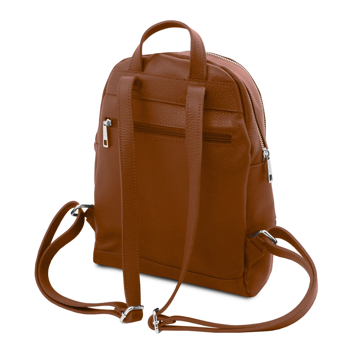 A cognac-leather backpack shown from the back, featuring a top handle, a detachable shoulder strap, a zippered main compartment, and a zippered side pocket, set against a plain white background.