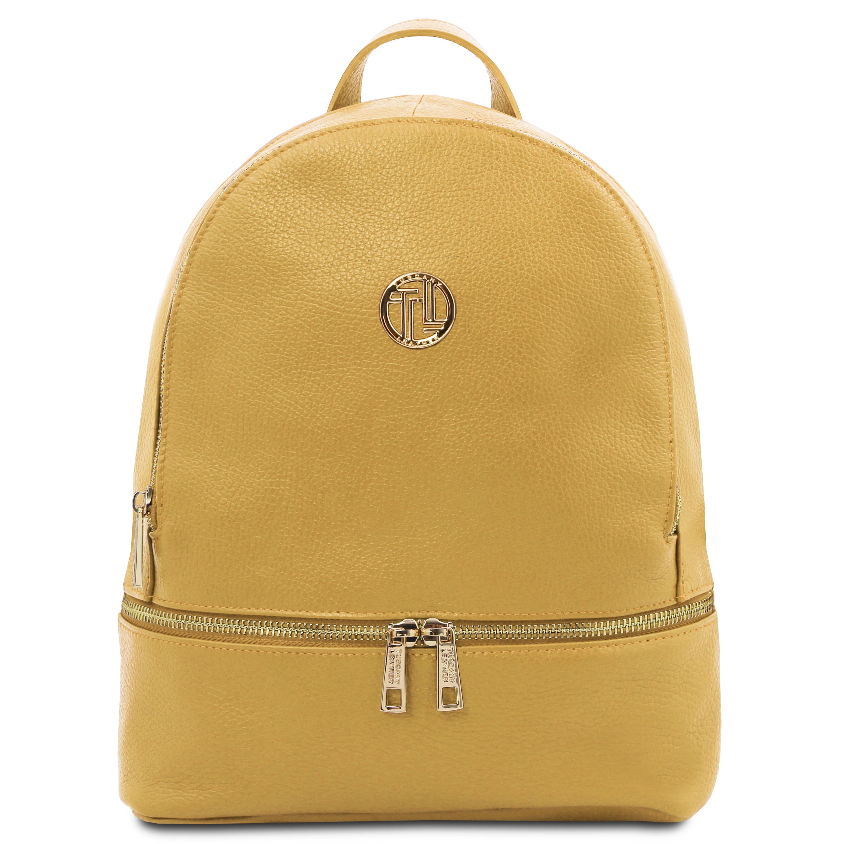 Front View TL Bag Italian Soft Leather Zip Backpack in Pale Yellow with gold hardware