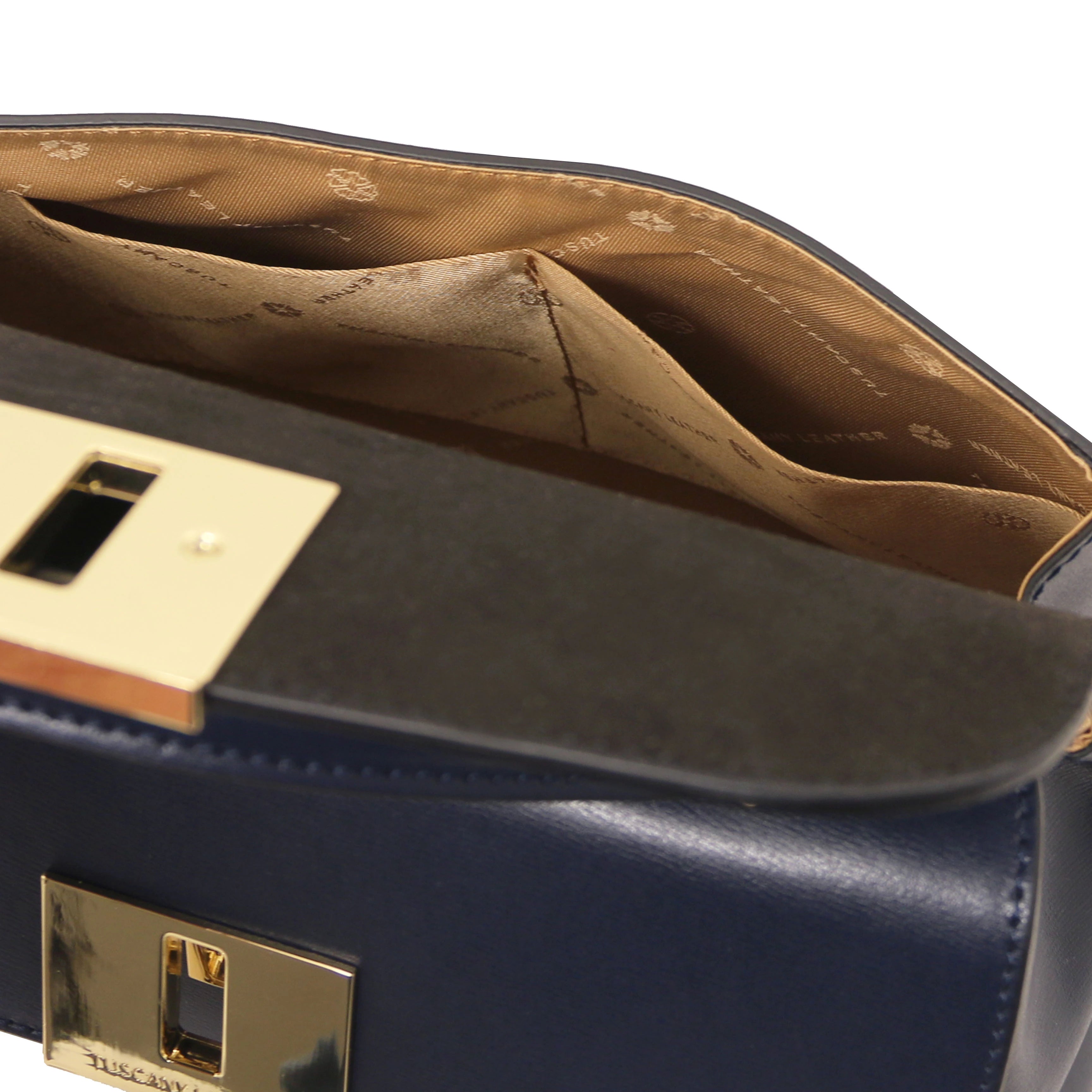 Armonia Italian Leather Handbag in Dark Blue - beige polyester Interior Open Pocket View