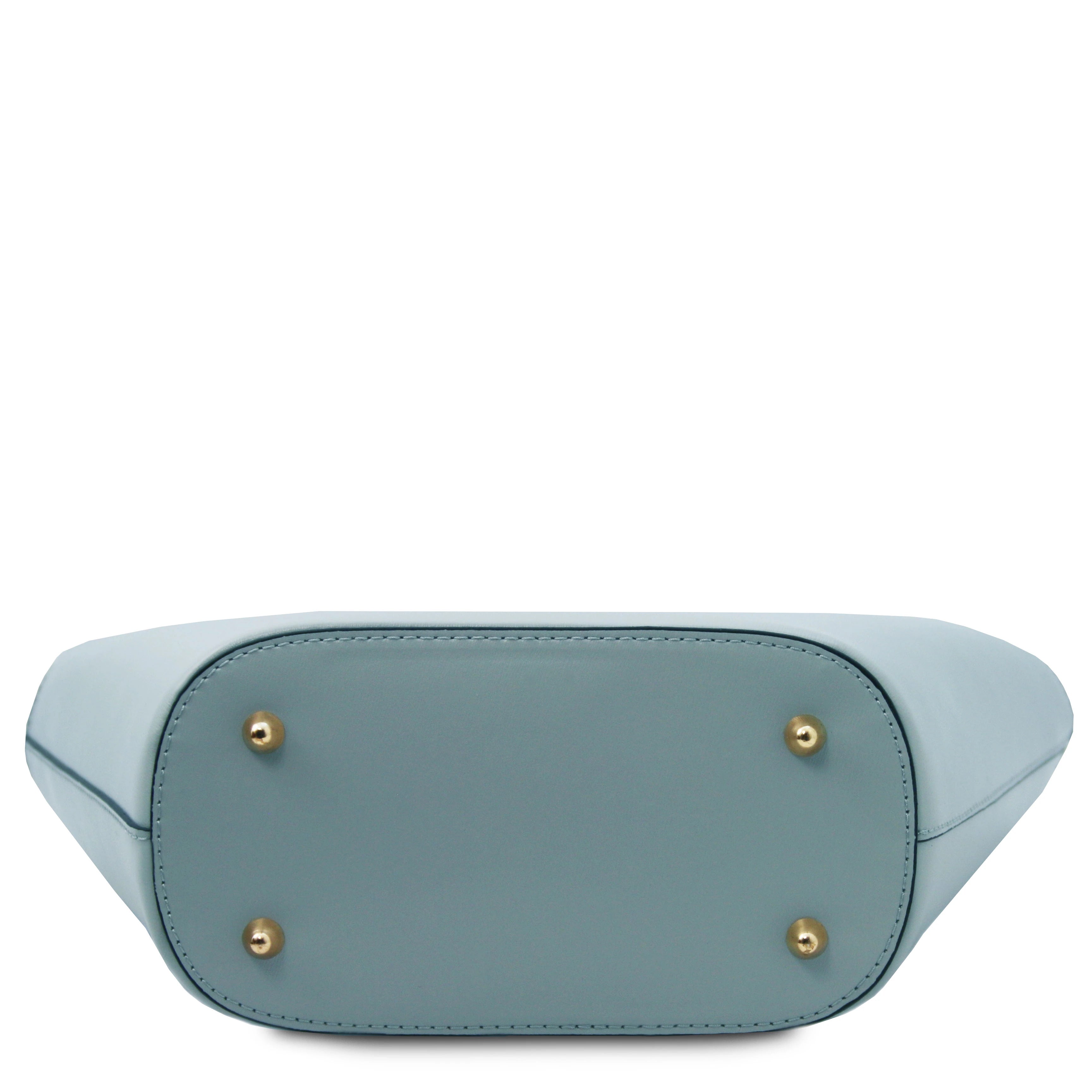 TL Bag Italian Leather Handbag in Light Blue bottom view showing four gold protective feet