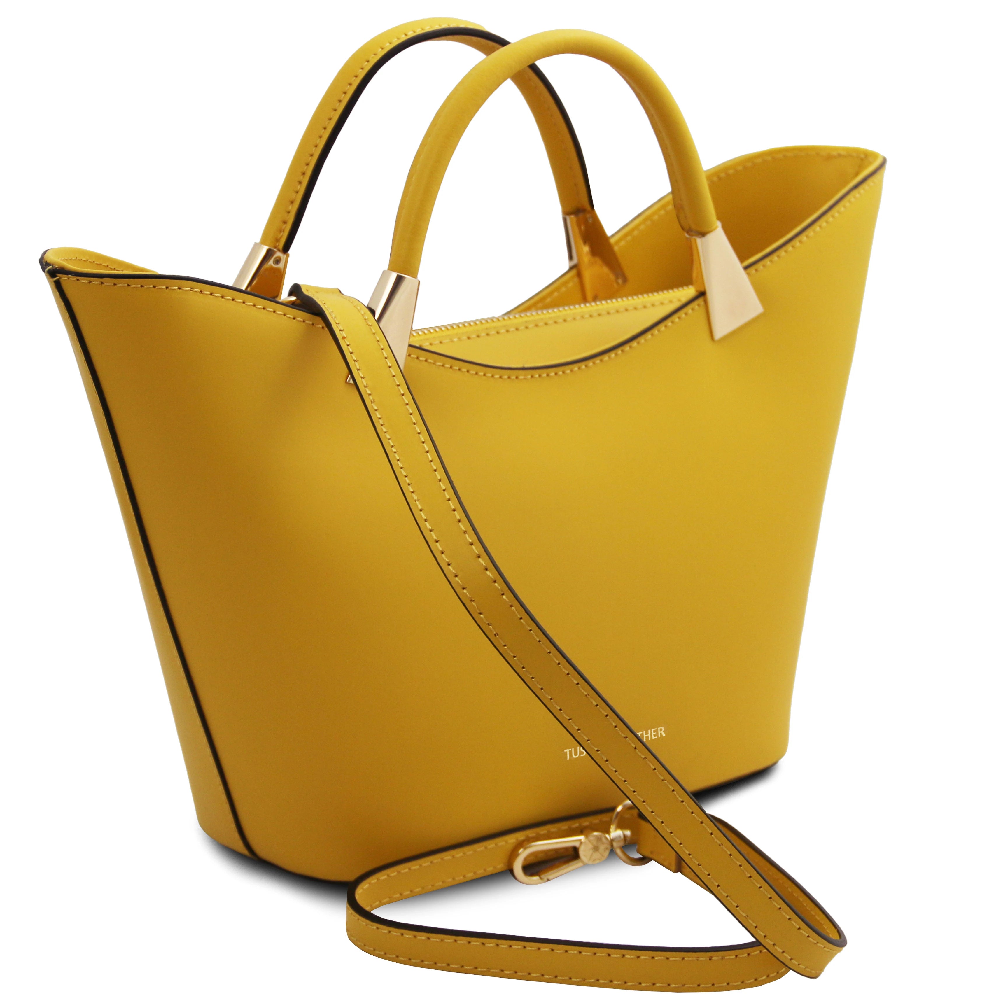 TL Bag Italian Leather Handbag in Yellow front view on a white background showing detachable shoulder strap