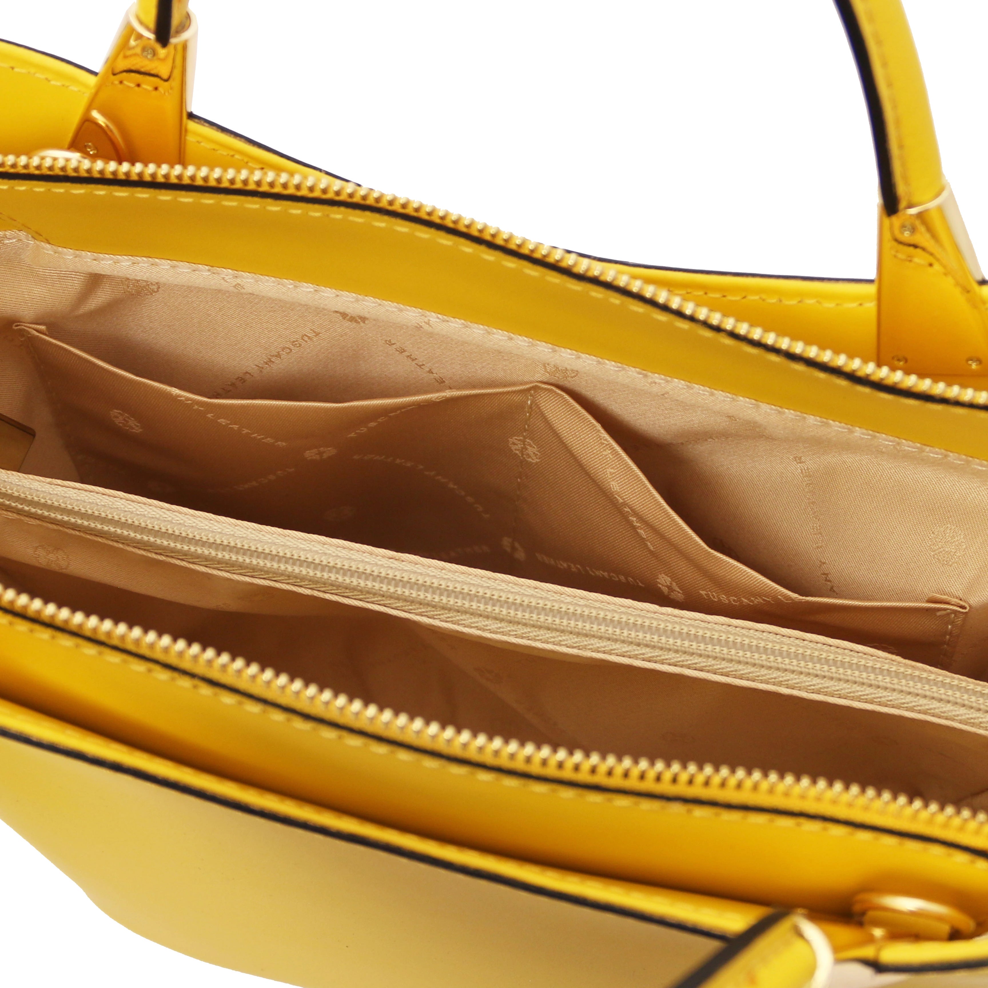 TL Bag Italian Leather Handbag in Yellow interior view showing centered zippered, beige lining, compartment and open pockets