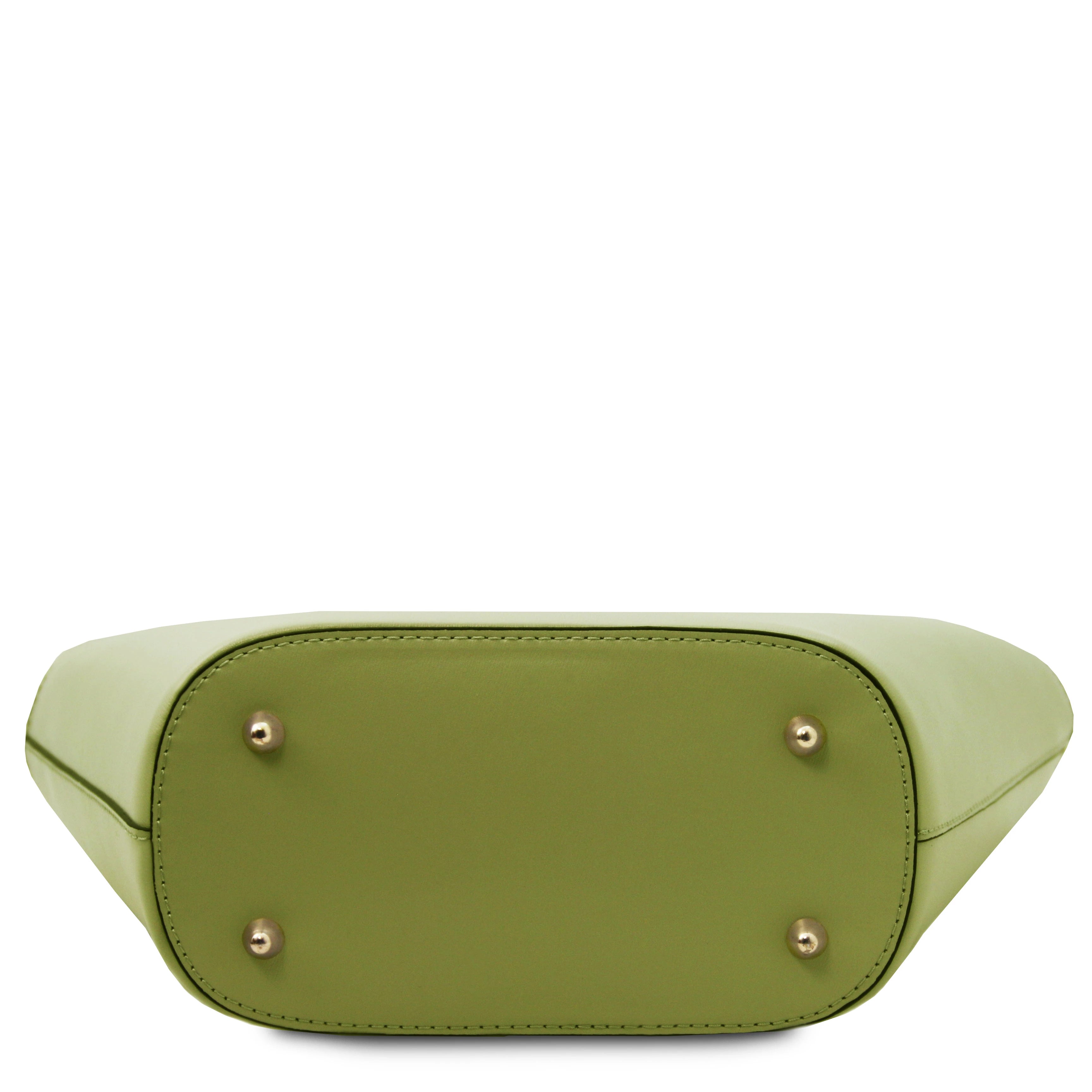TL Bag Italian Leather Handbag in Green bottom view showing four gold protective feet