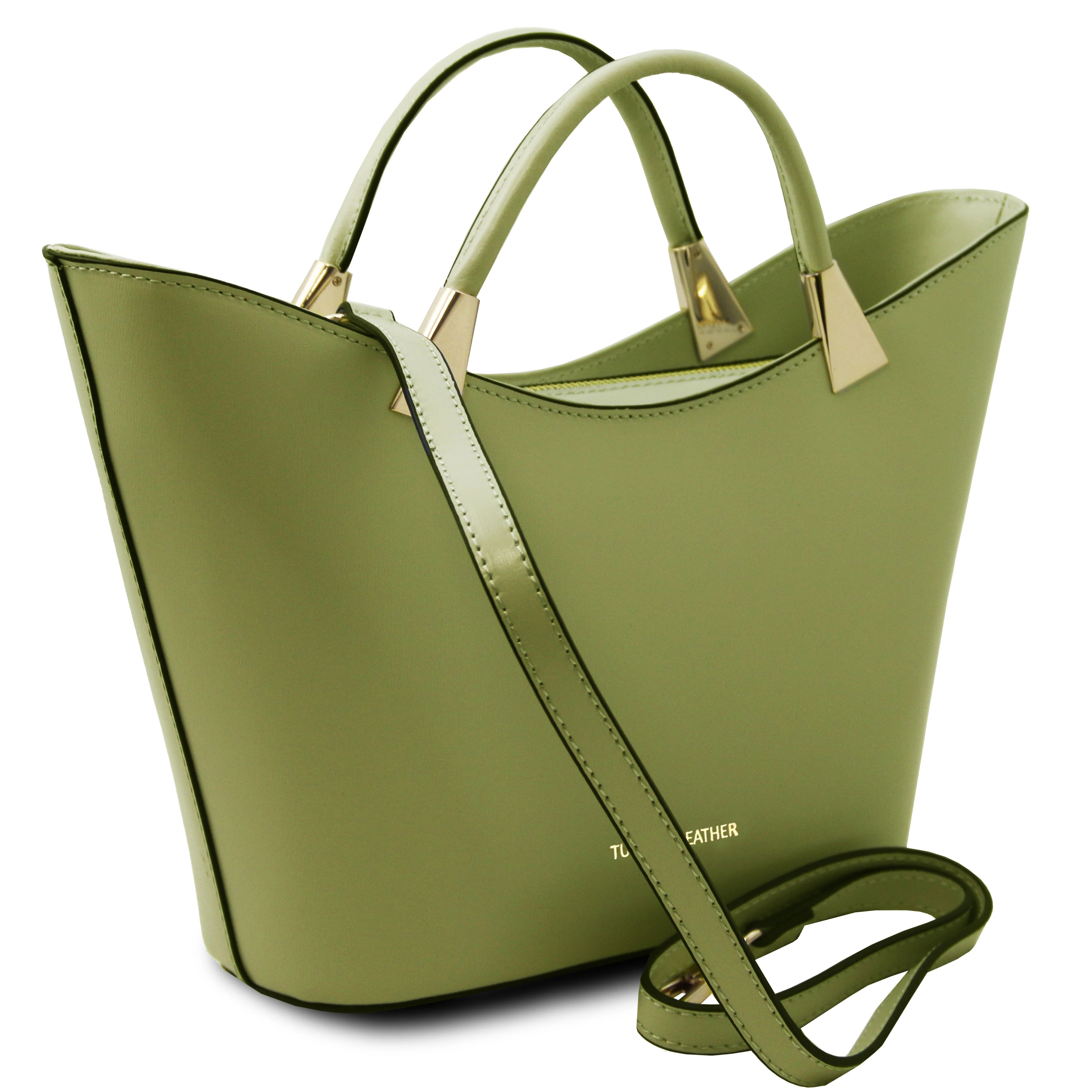 TL Bag Italian Leather Handbag in Green front view on a white background showing detachable shoulder strap