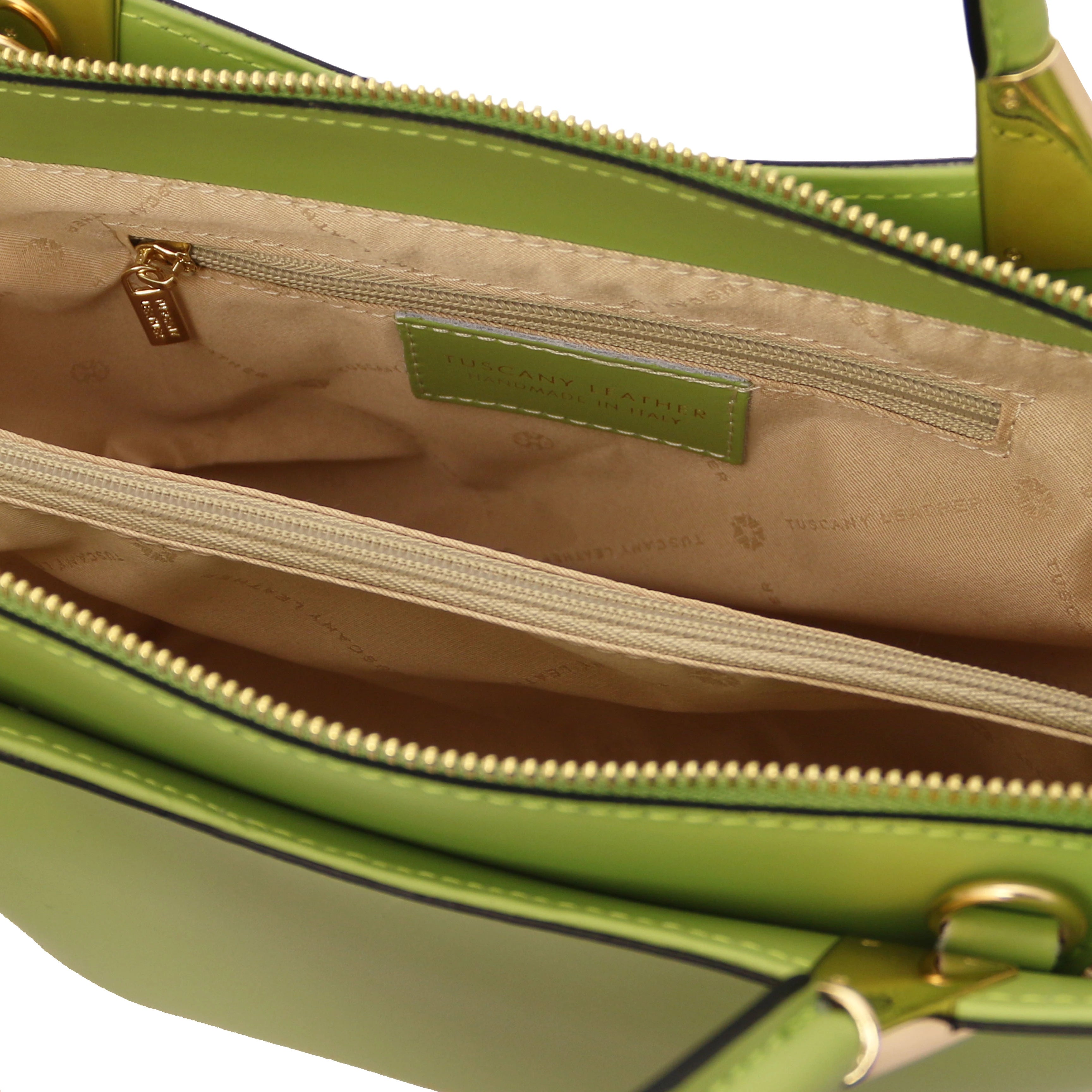 TL Bag Italian Leather Handbag in Green interior view showing centered zippered compartment, beige lining and zippered pocket