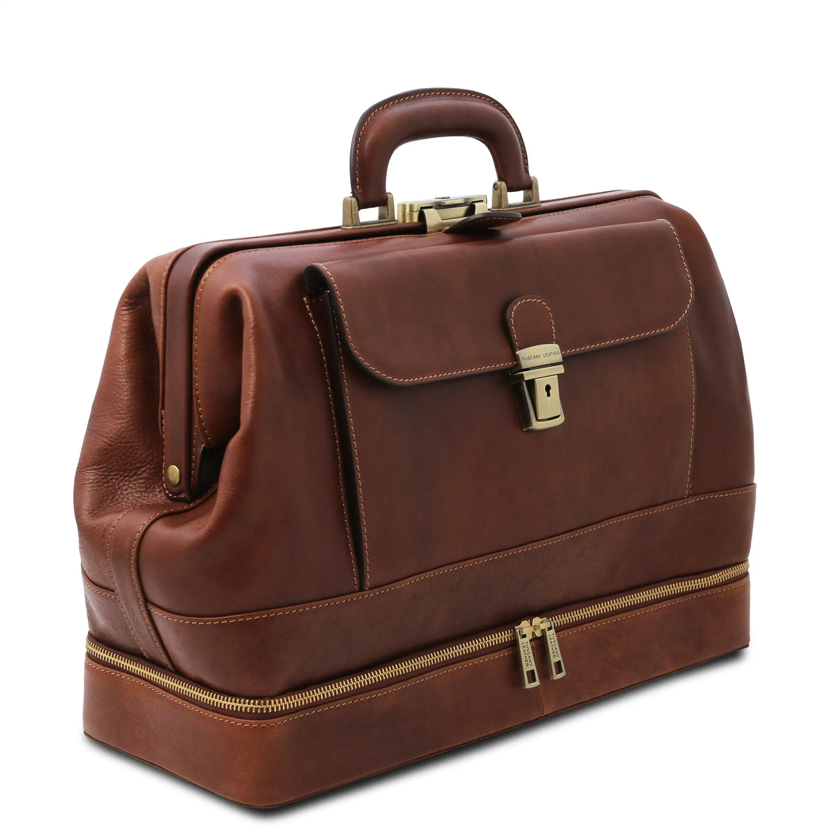 Brown leather doctor bag with gold zippers and hardware on a white background