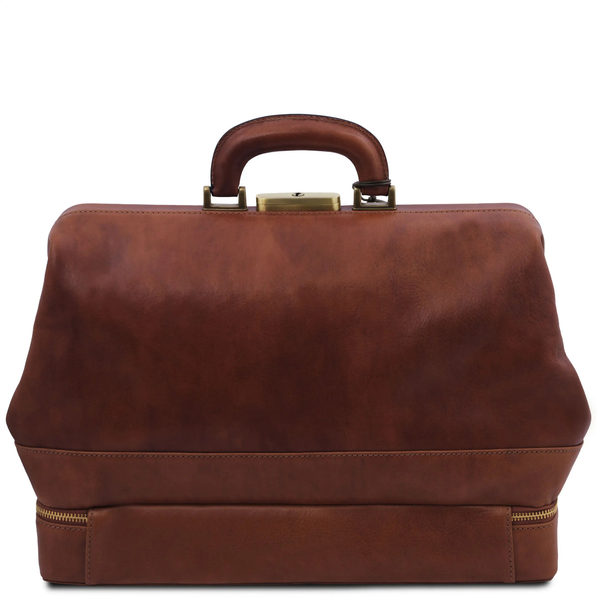 Back view of brown leather doctor's bag with a top handle, gold-tone metal clasp, and a zippered base, shown against a plain white background.