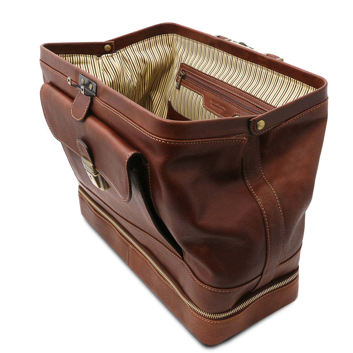 Brown leather doctor bag fully opened tp show depth on a white background