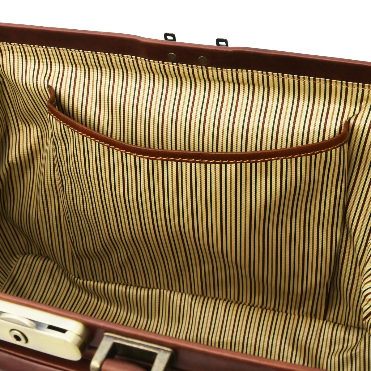 Close-up of a brown leather doctor bag with open pocket and striped interior.