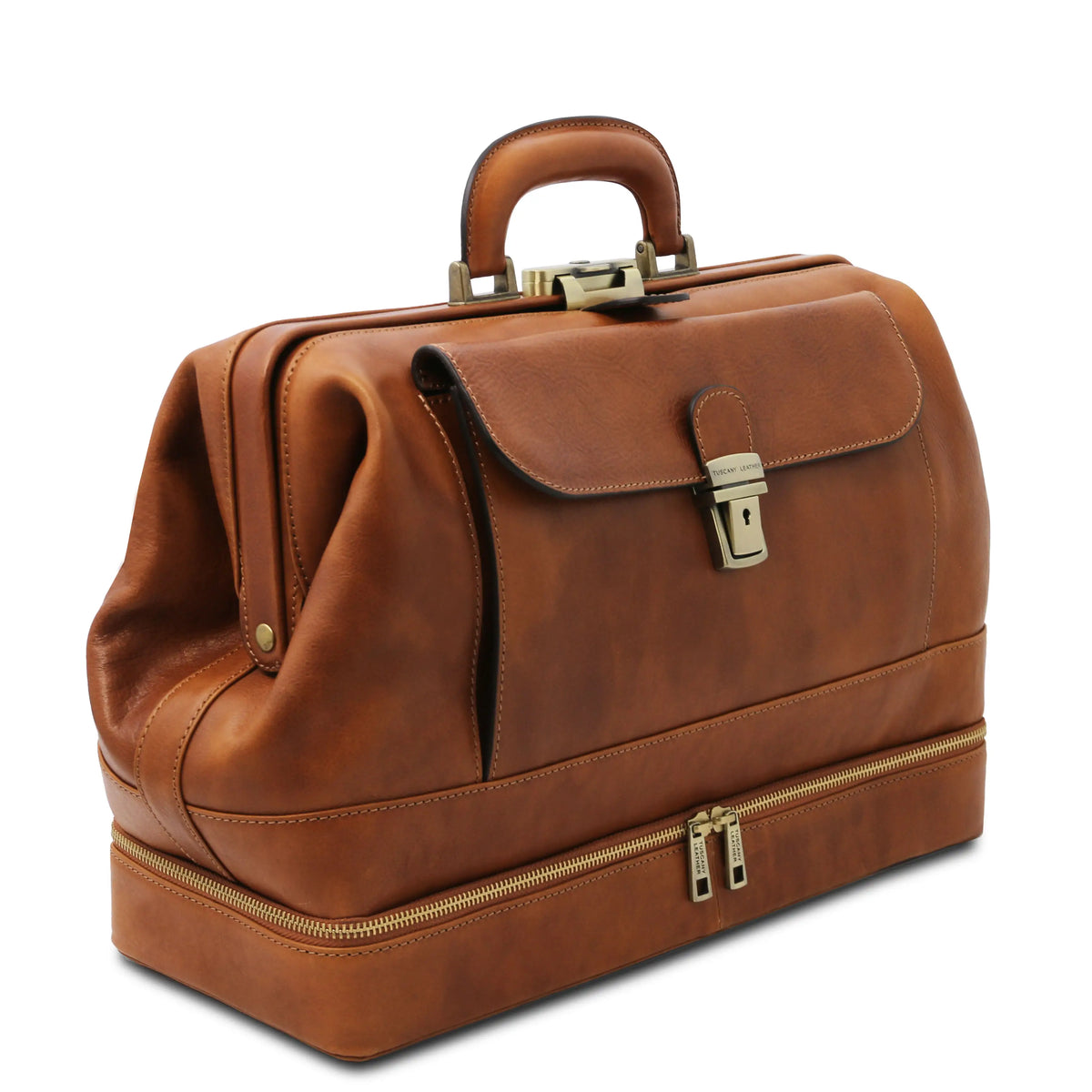 Natural leather doctor bag with gold zippers and hardware on a white background