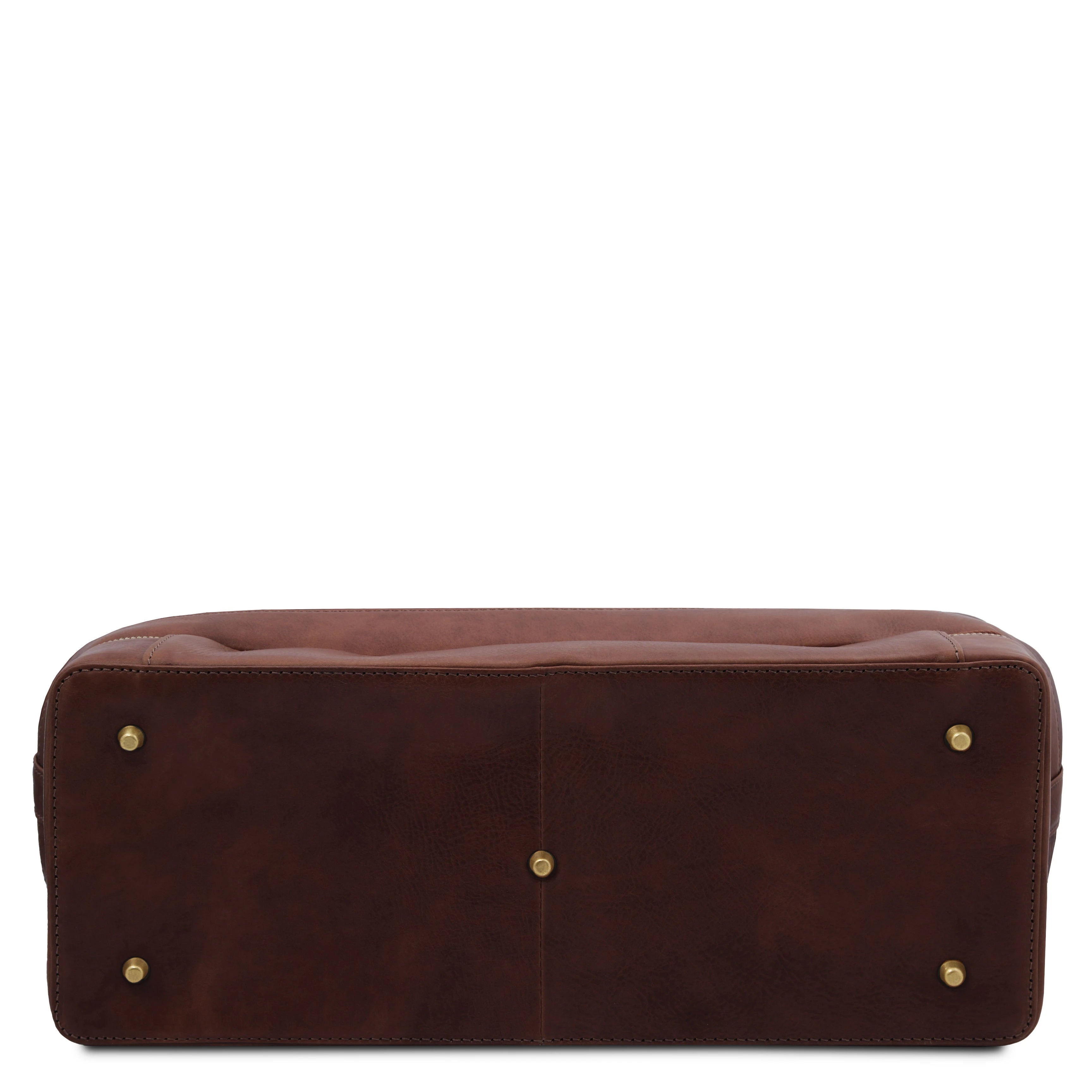 Bottom view Giotto Exclusive Double - bottom Italian Leather Doctor Bag in dark brown showing the protective burnished gold hued feet