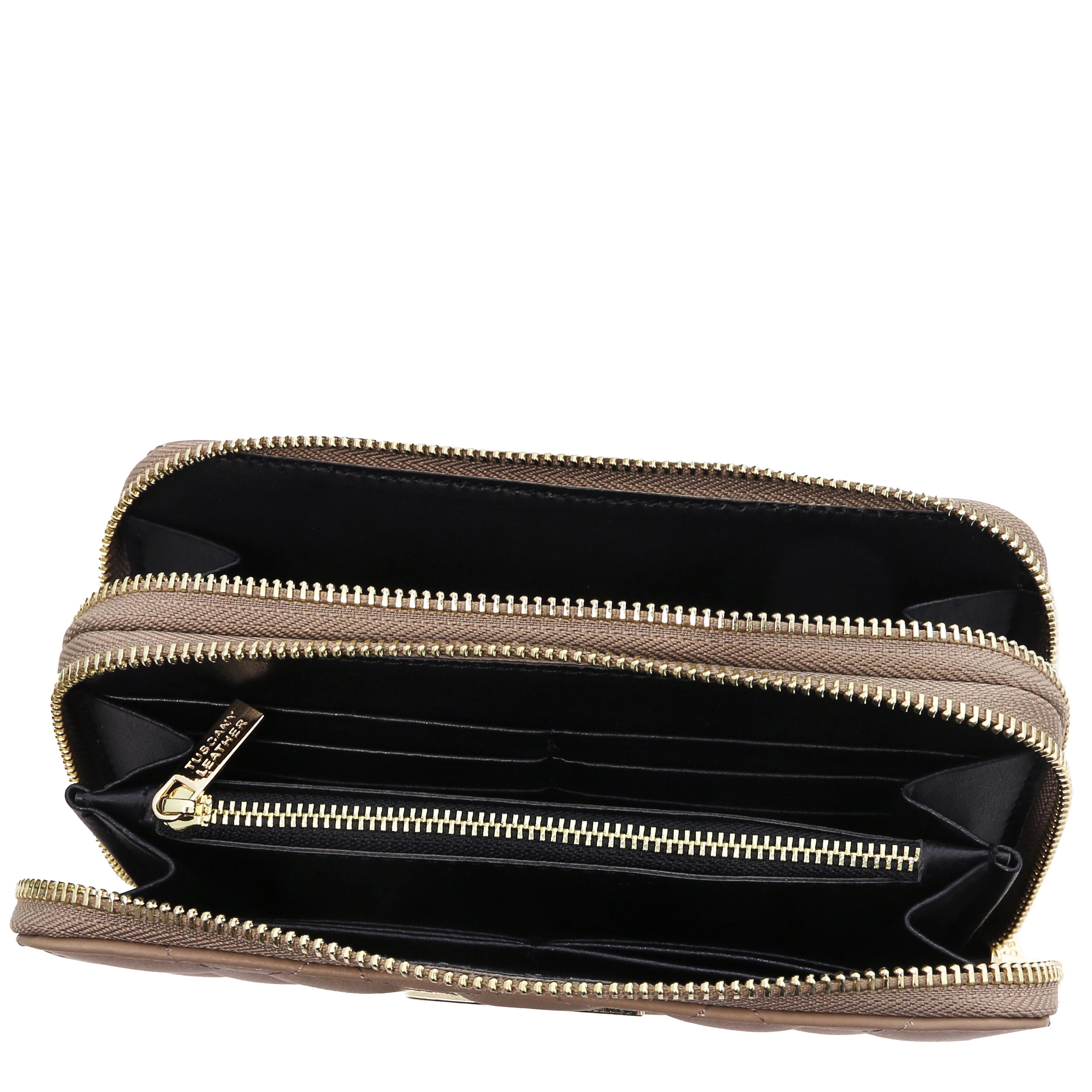 Top interior view of both zippered compartments and coin pocket of Ada Double Zip Around Soft Italian Leather Wallet in dark taupe and dark lining