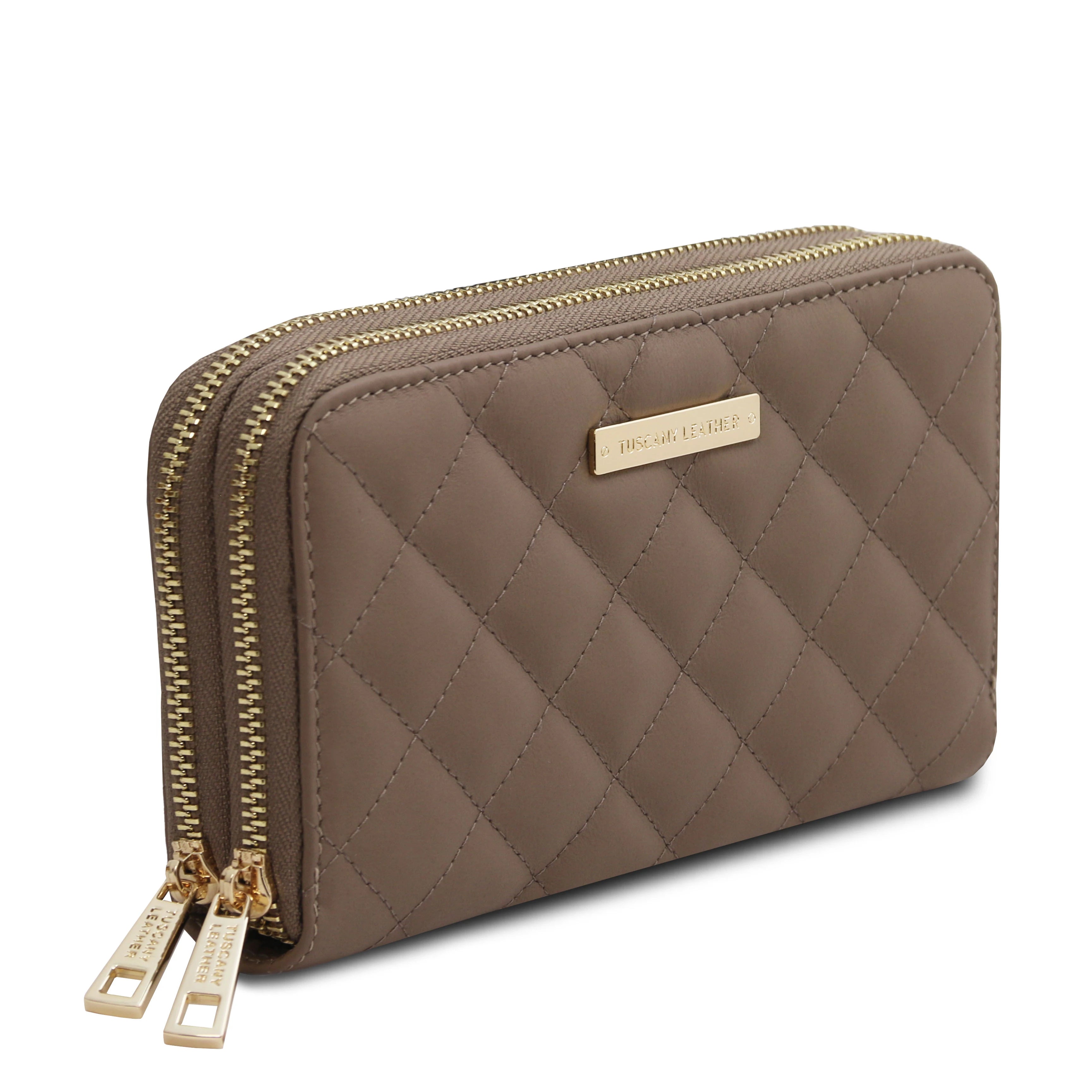 Front side view of both zippered compartments of Ada Double Zip Around Soft Italian Leather Wallet in dark taupe on white background