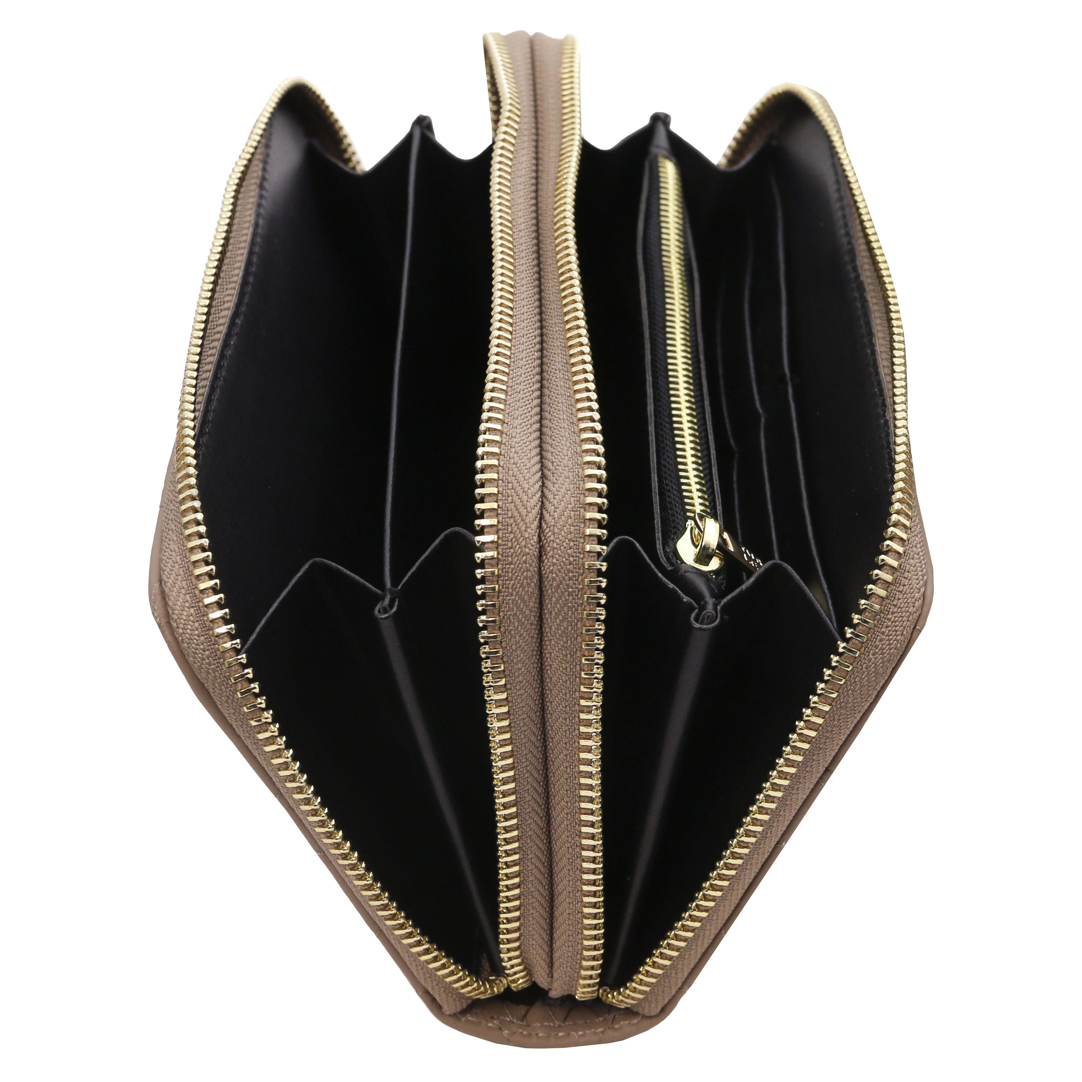 Top interior view of coin pocket, open pockets, card pockets of Ada Double Zip Around Soft Italian Leather Wallet in dark taupe on a white background