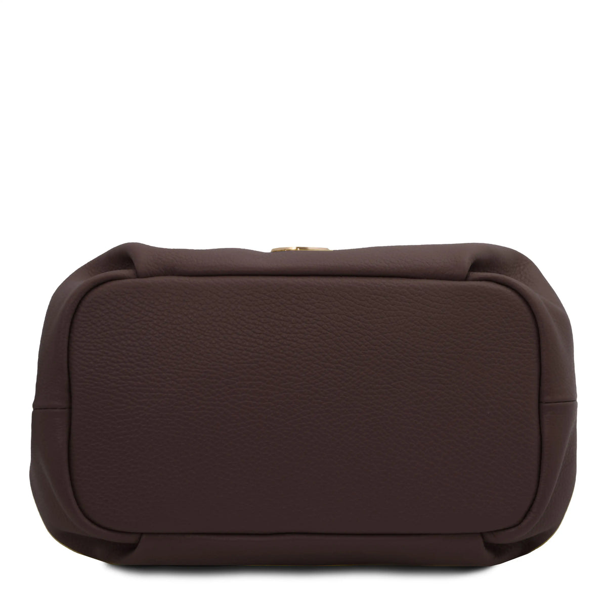 Bottom view Chocolate pebbled leather bag on a solid white background.
