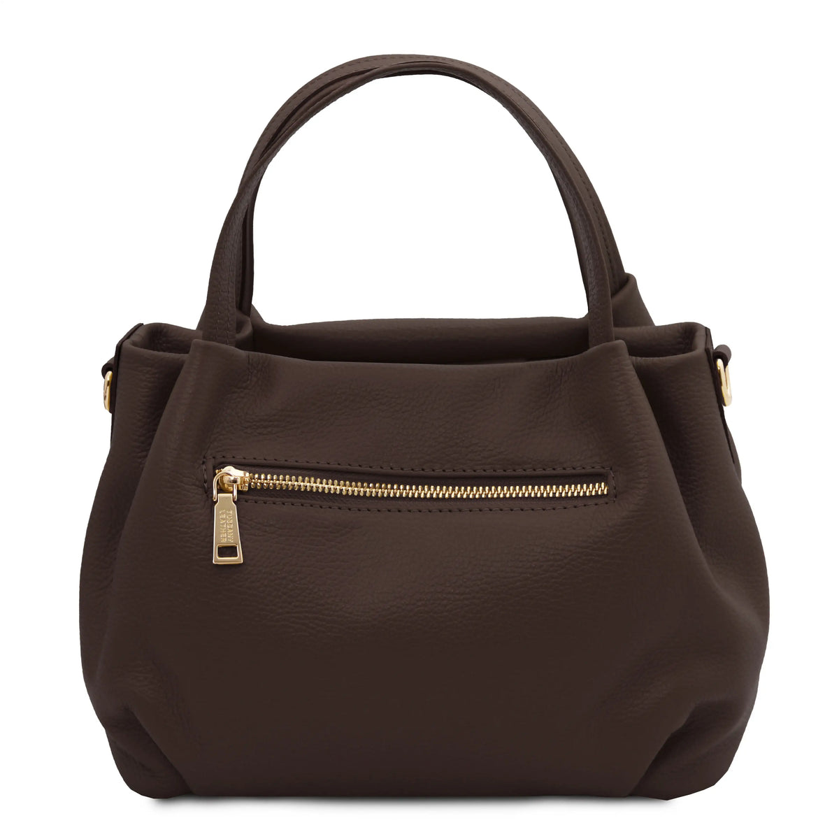 Back view Chocolate handbag with a gold zipper on a white background