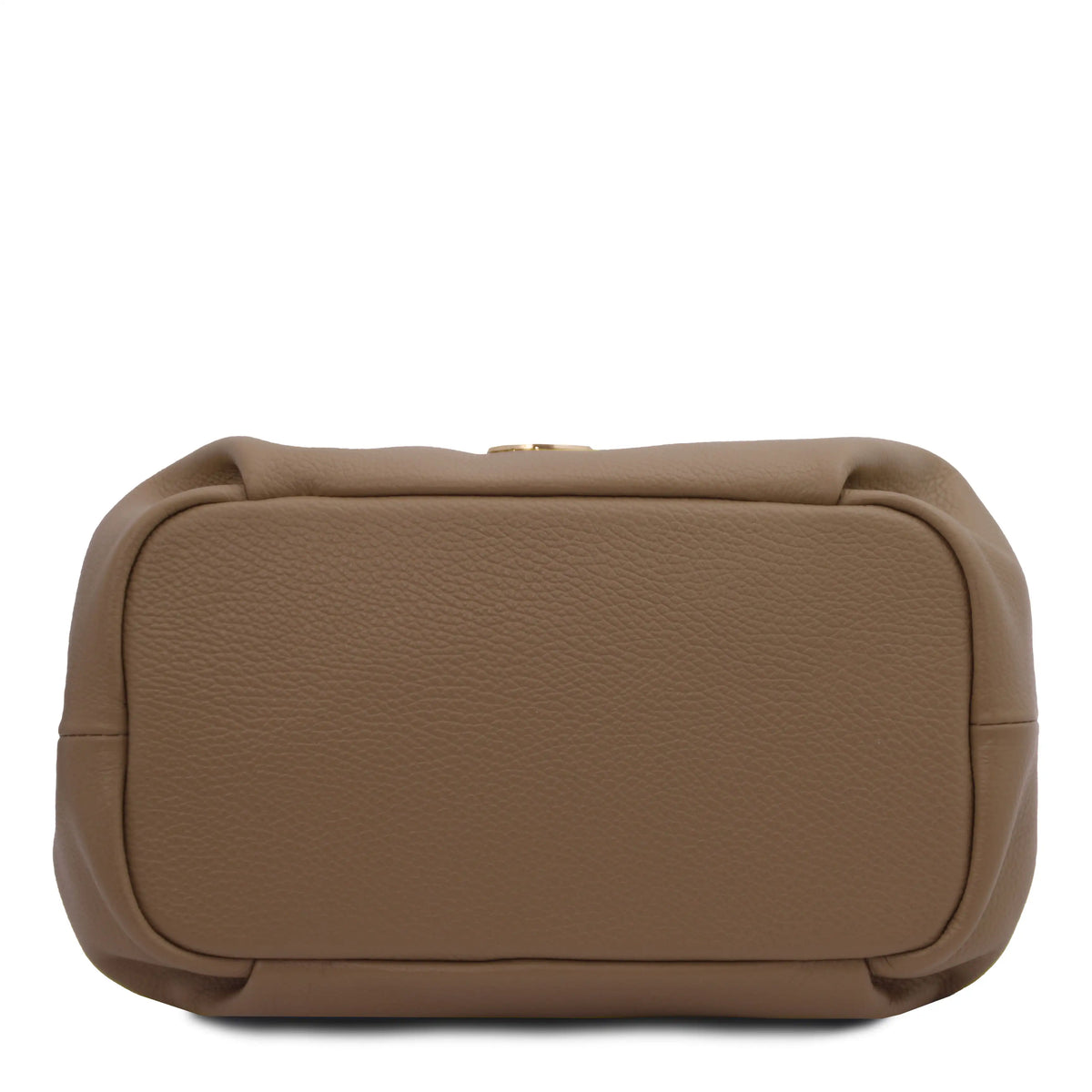 Bottom view taupe pebbled leather on a solid white background.