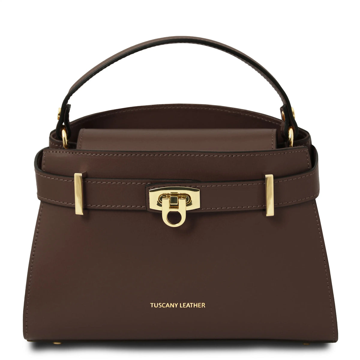 A structured brown leather handbag with a top handle, a front strap detail, and gold-tone hardware, including a lock clasp and a small 'TUSCANY LEATHER' logo on the front.