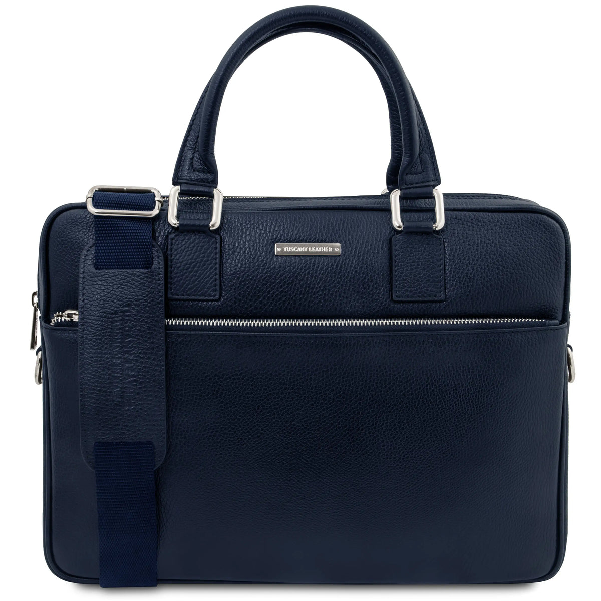 Ferrara Leather Laptop Briefcase in blue with dual top handles, a front zippered pocket, and an adjustable shoulder strap, shown on a plain white background.